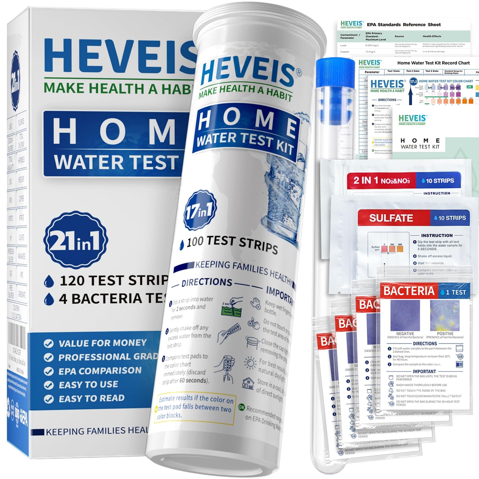 21-in-1 Home Drinking Water Testing Kit - 120 Strips + 4 Bacteria Tests - Tap and Well Water Test Kit, Easy to Test and Read for Hardness, Lead, Iron, Fluoride, pH, Copper, Bacteria and More