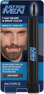 Just For Men 1-Day Beard and Brow Colour Brush, For Instant 1-Step Grey Coverage, Brush-In, Wash-Out, For A Thicker Well-Defined Look, Medium Brown