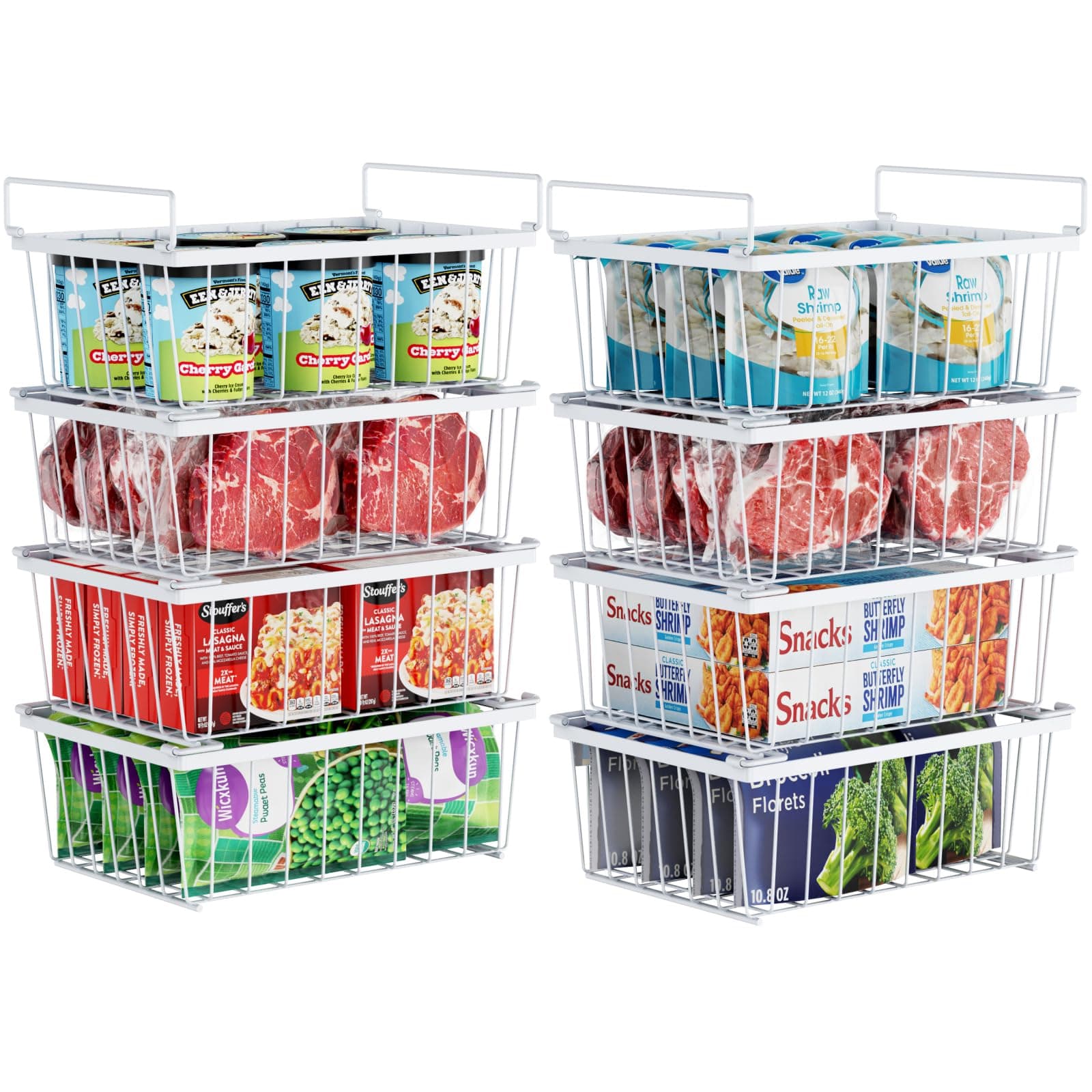 iSPECLE Deep Freezer Organizer, 8 Pack Wire Baskets for 5 Cu.Ft Chest Freezer & Upright Freezers (Over 8.5 Cu.Ft), 14" x 9.4" Stackable Heavy Duty Storage Bins Easy Access to Sort Meat, White