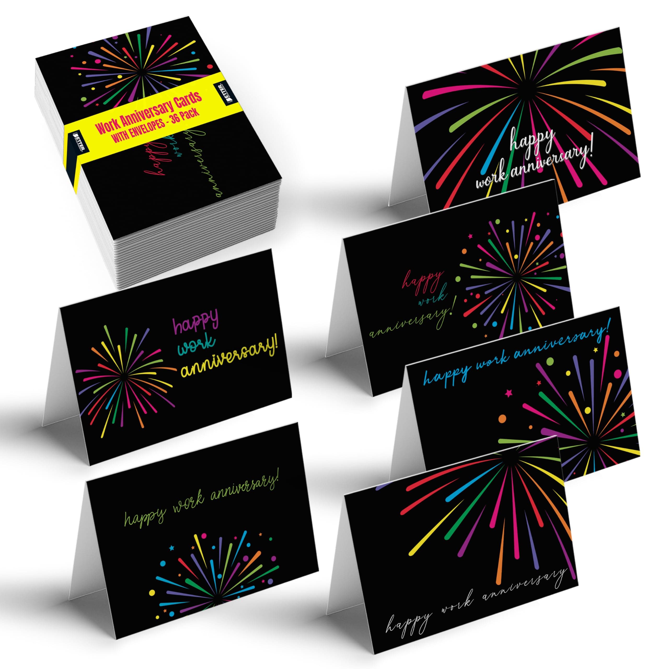 Better Office Products 36 Pack Work Anniversary Cards with Envelopes, Business Employee Appreciation Cards, Bulk Set, 4 x 6 Inch, 6 Fireworks Cover Designs,