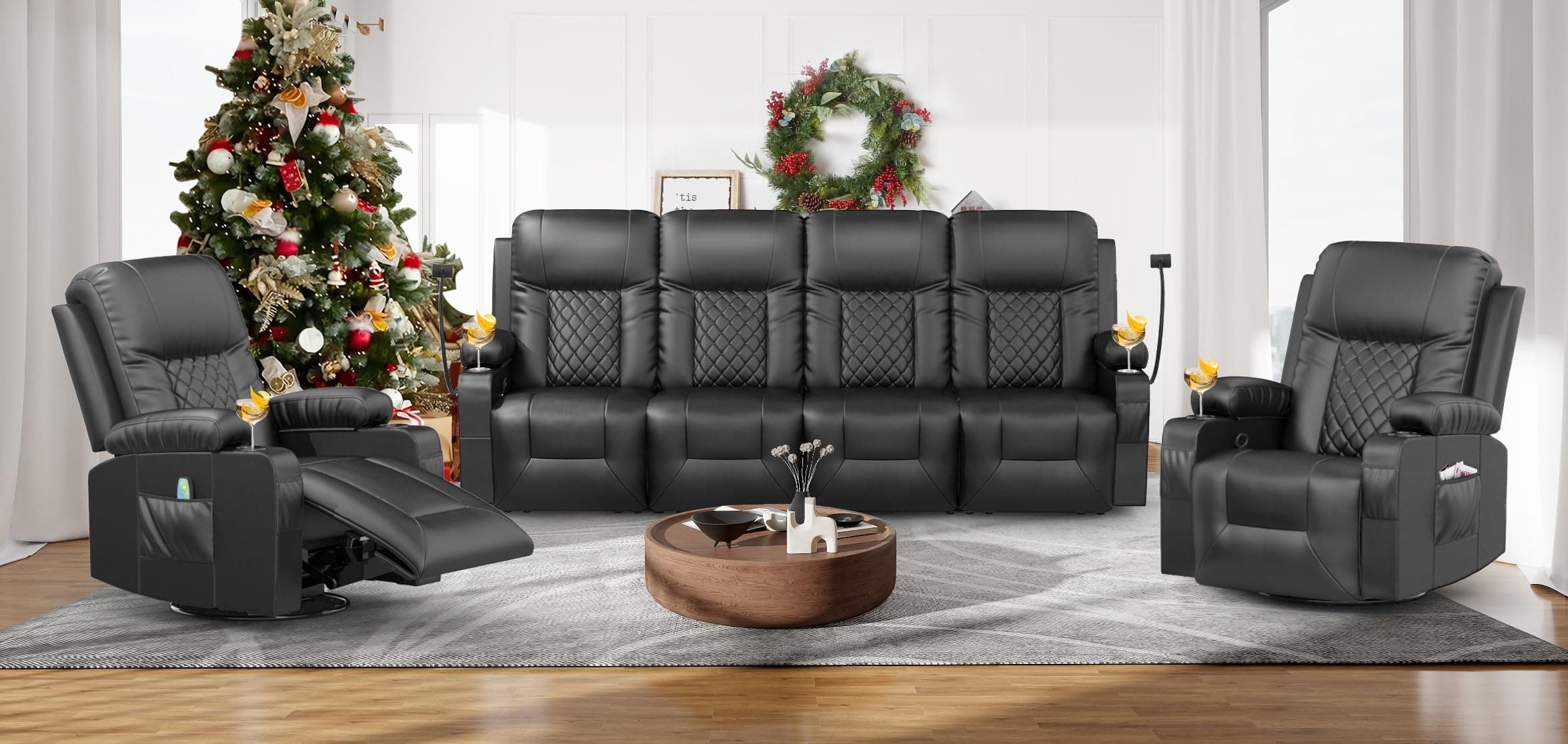 Oversized Recliner Sofa Set with 4+1+1 Pieces in Living Room, 4 Seater Reclining Sofa, 2 Recliner Chair with 360 Degree Swivel Single Sofa Seat