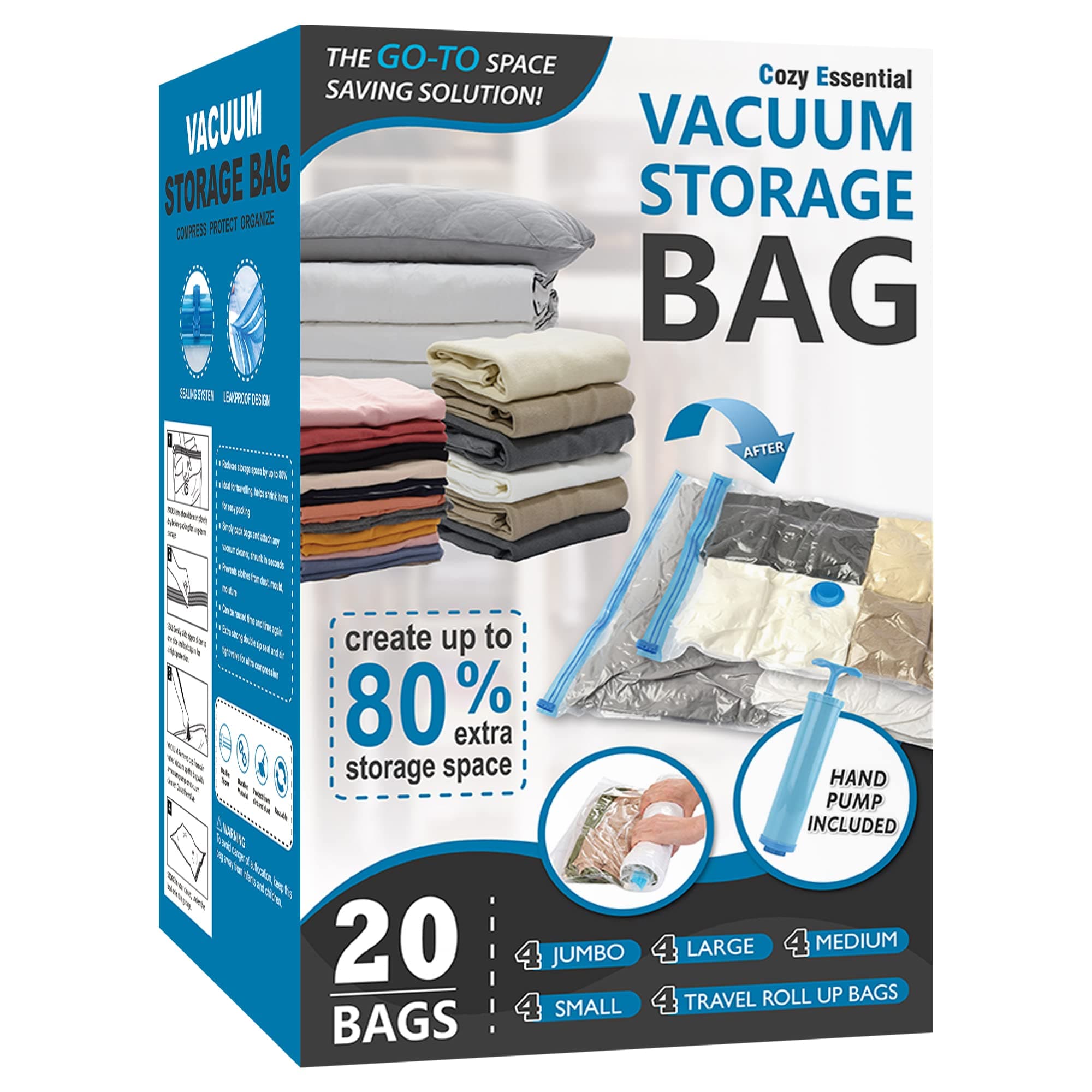 Cozy Essential Vacuum Storage Bags, Compression Space Saver Bags for Clothes, Comforters, Blankets, Pillow, Bedding, Sealer Clothing Storage,20 Combo