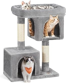 Cat Tree, 33.1-Inch Cat Tower, Plush Condo for Large Cats up to 16 lb, Large Perch, 2 Caves, Scratching Post, Light Gray UPCT61W