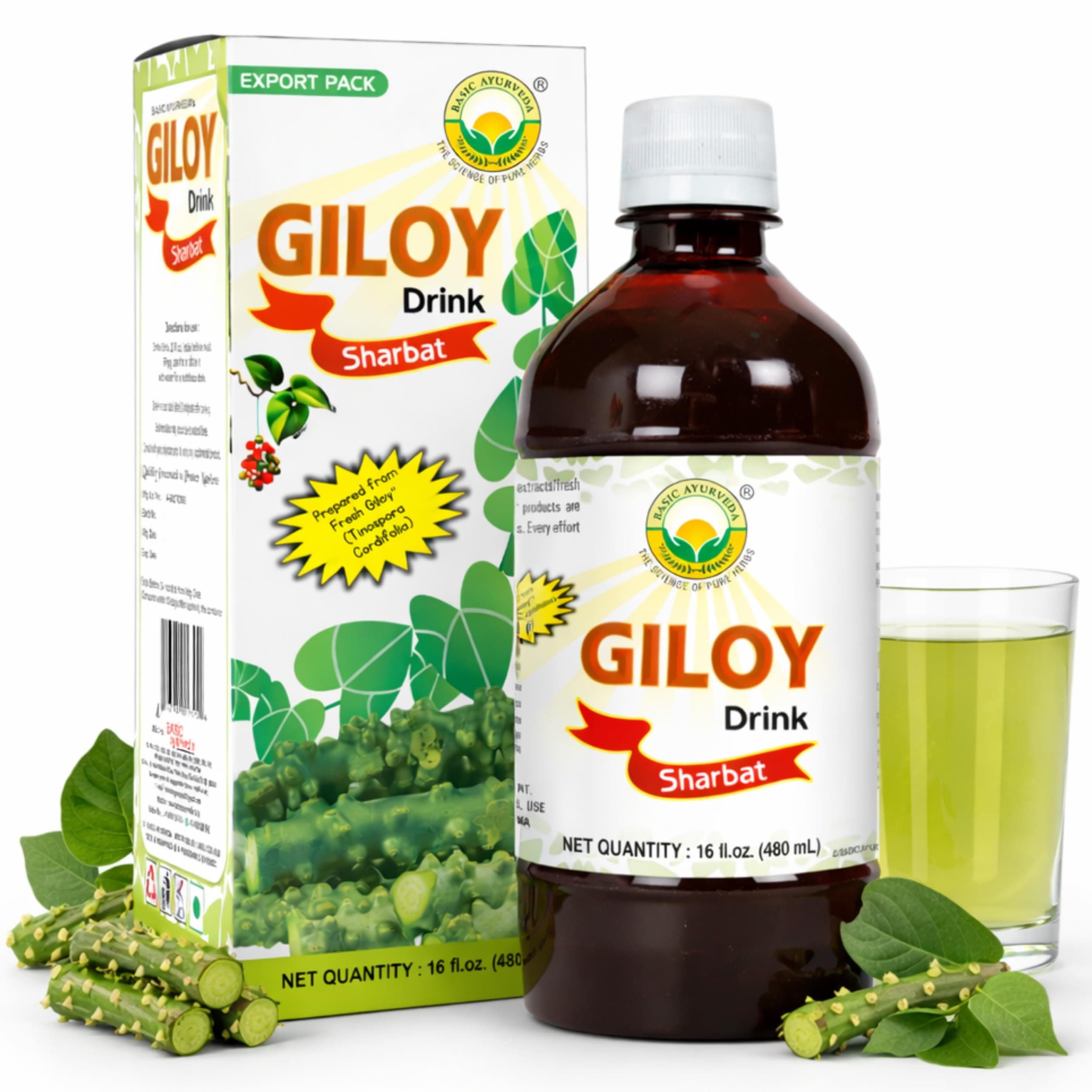 BASIC AYURVEDA Giloy Juice (Sharbat) | 16.23 Fl Oz (480ml) | Natural Guduchi (Tinospora Cordifolia) Herbal Tonic | Supports Immunity & Energy | Gluten-Free, Non-GMO & Vegan