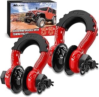 Nilight 3/4" D Ring Shackle with Towing Pulley 2 Pack 4.75 Ton (9500 Lbs) 7/8" Pin Heavy Duty Off Road Recovery Shackle with Isolators Washer Kit for Jeep Truck Tractor Vehicle ATV UTV, Red
