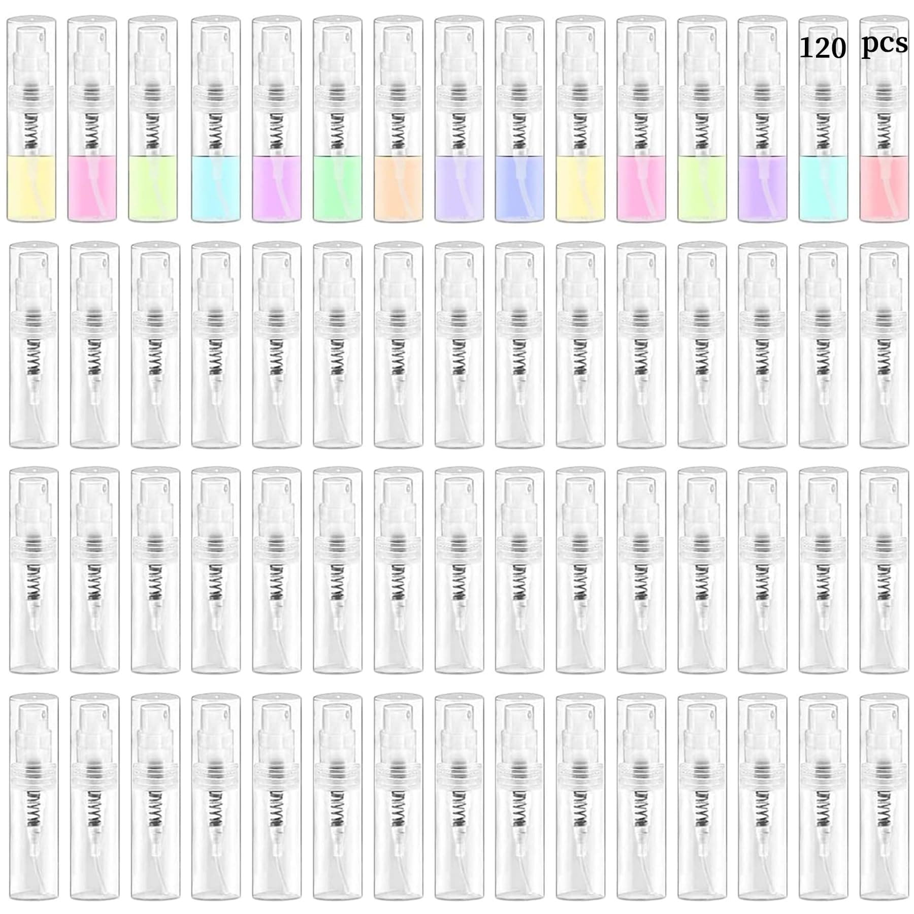 Mini Spray Bottle, Clear Plastic Empty Sample Containers, Fine Mist Perfume Travel Refillable Spray Bottle Perfume Atomizer Small Portable Bottle for Cleaning, Travel, Essential Oils(120, 2ml)
