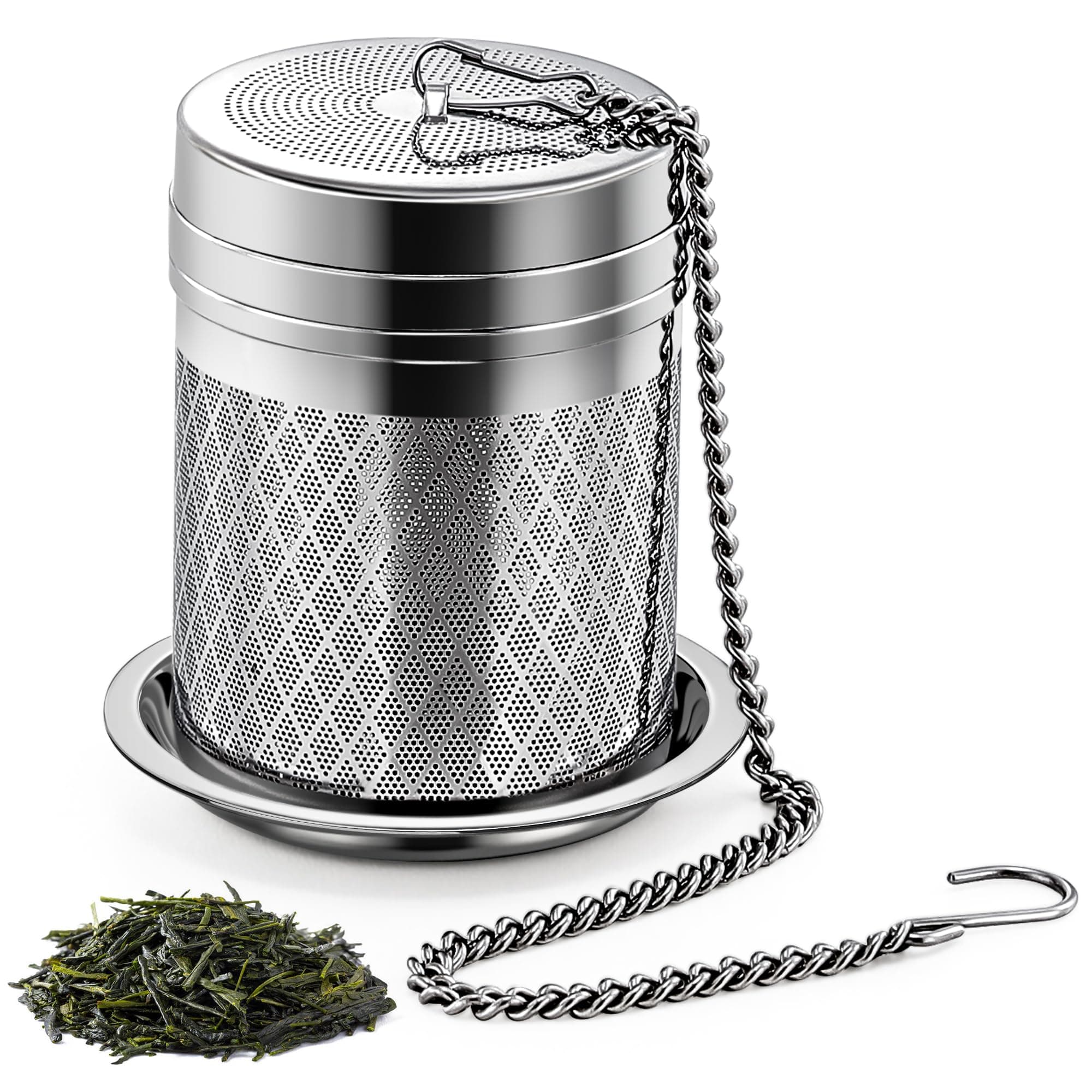 Tea Infusers for Loose Tea, Extra Fine Mesh Tea Strainers, 18/8 Stainless Steel Loose Leaf Tea Steeper Tea Diffusers with Extended Chain Hook and Drip Tray 1 Pack