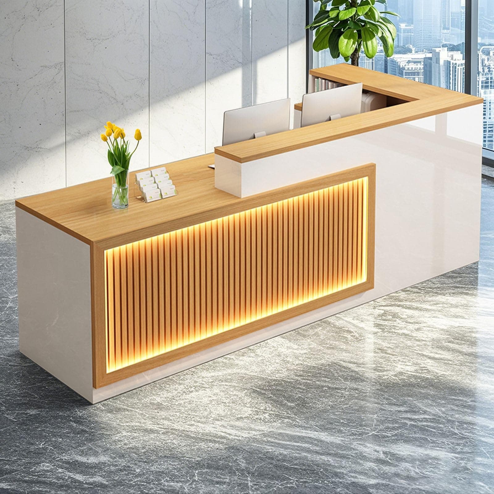 L Shaped Reception Desk, Solid Wood Front Desk with Counter & Lockable Drawers, Retail Checkout Customer Service Counter for Home Office Lobby Store,(Wood,63in-Left)