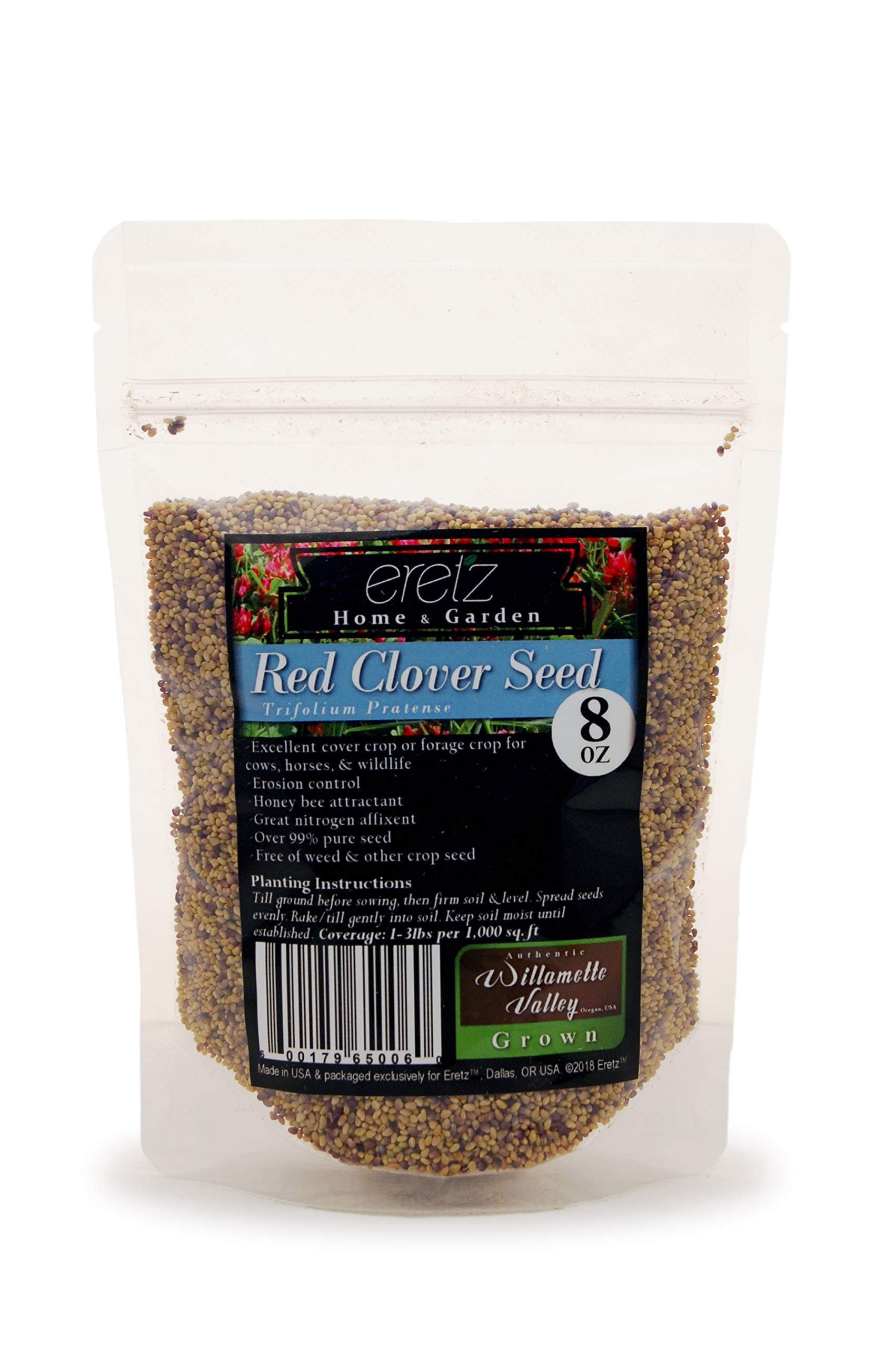 Red Clover Seed by Eretz (8oz) - Choose Size! Premium Willamette Valley, Oregon Grown Non-GMO Seeds, No Fillers, No Coatings, No Treatments.