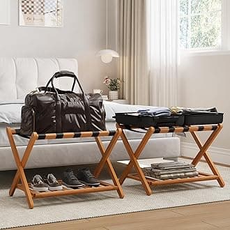 Pack of 2 Fully Assembled Bamboo Luggage Racks with Shoe Shelf, 5 Heavy-Duty Straps Folding Suitcase Stand, Luggage Holders for Guest Room Must Haves, Ideal for Bedroom, Hotel, Honey Oak