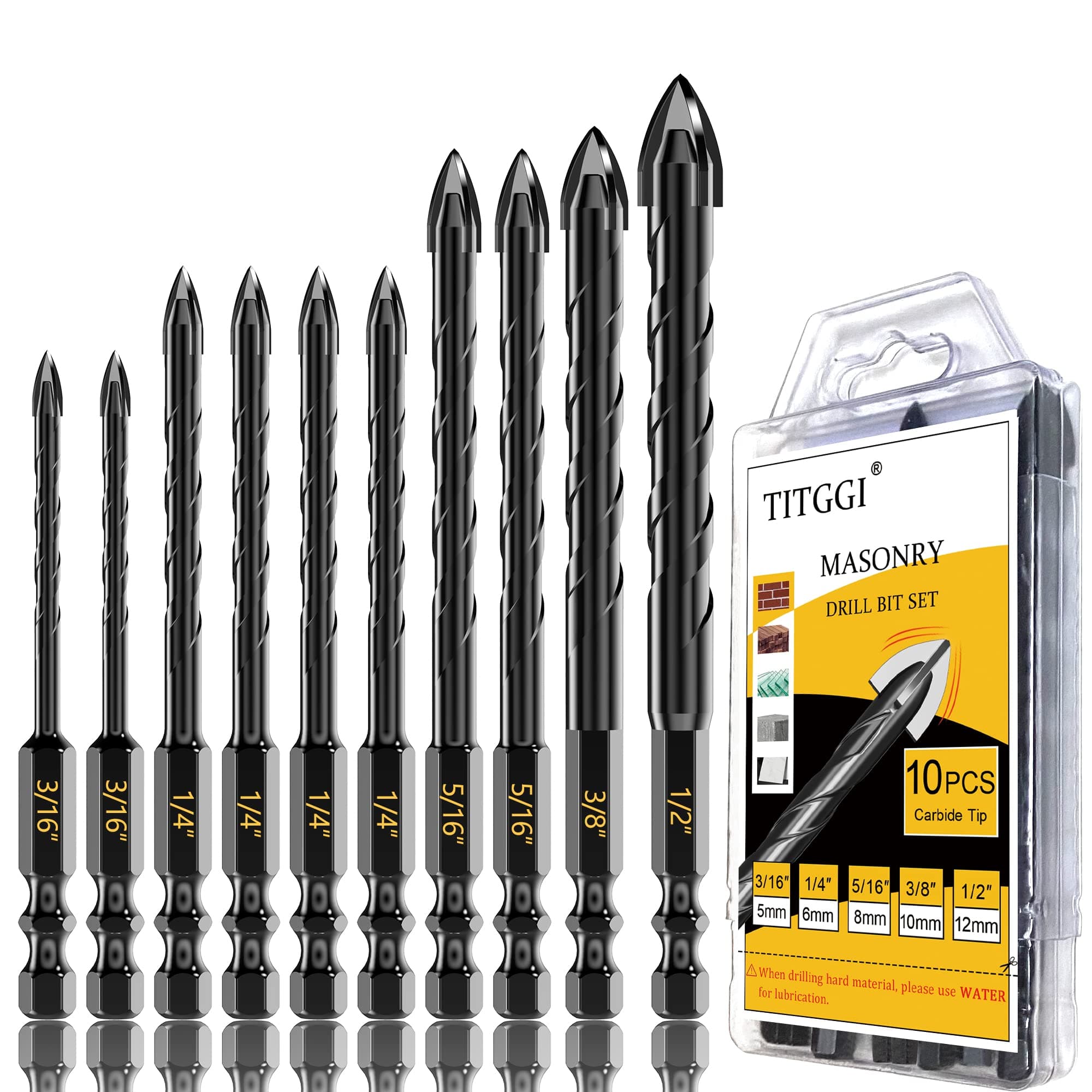 Tile Drill Bits Set & Masonry Drill Bit, Professional Concrete Drill Bit Set (10PCS) for Porcelain/Glass/Brick/Cement/Wood/Etc, Industrial Strength Carbide Cross Drill Bit Tip, 5mm-12mm
