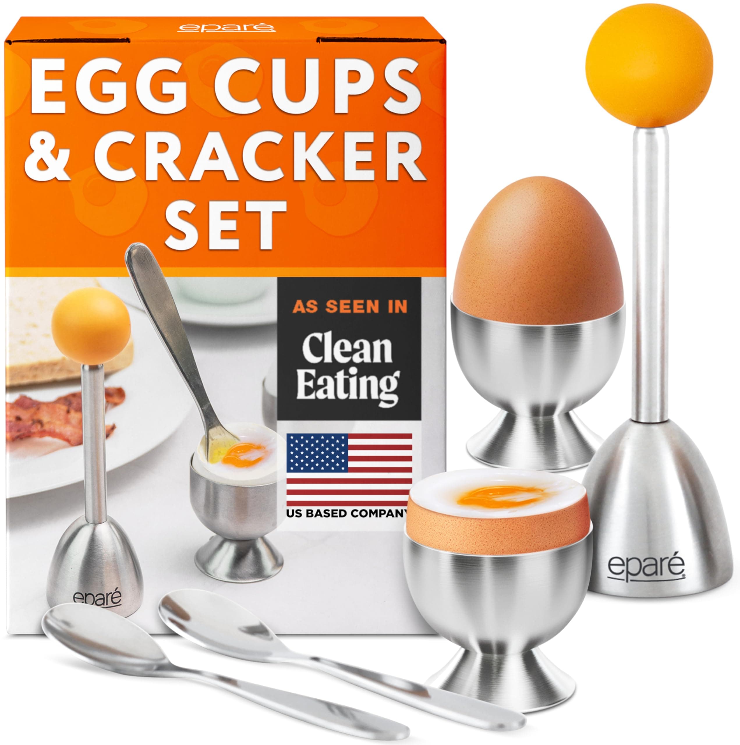Eparé Egg Topper Cutter Set – Stainless Steel Egg Cracker Tool & Egg Shell Opener – Egg Cups for Soft Boiled Eggs – Boiled Egg Holder – Egg Spoons and Egg Opener Tool for Breakfast