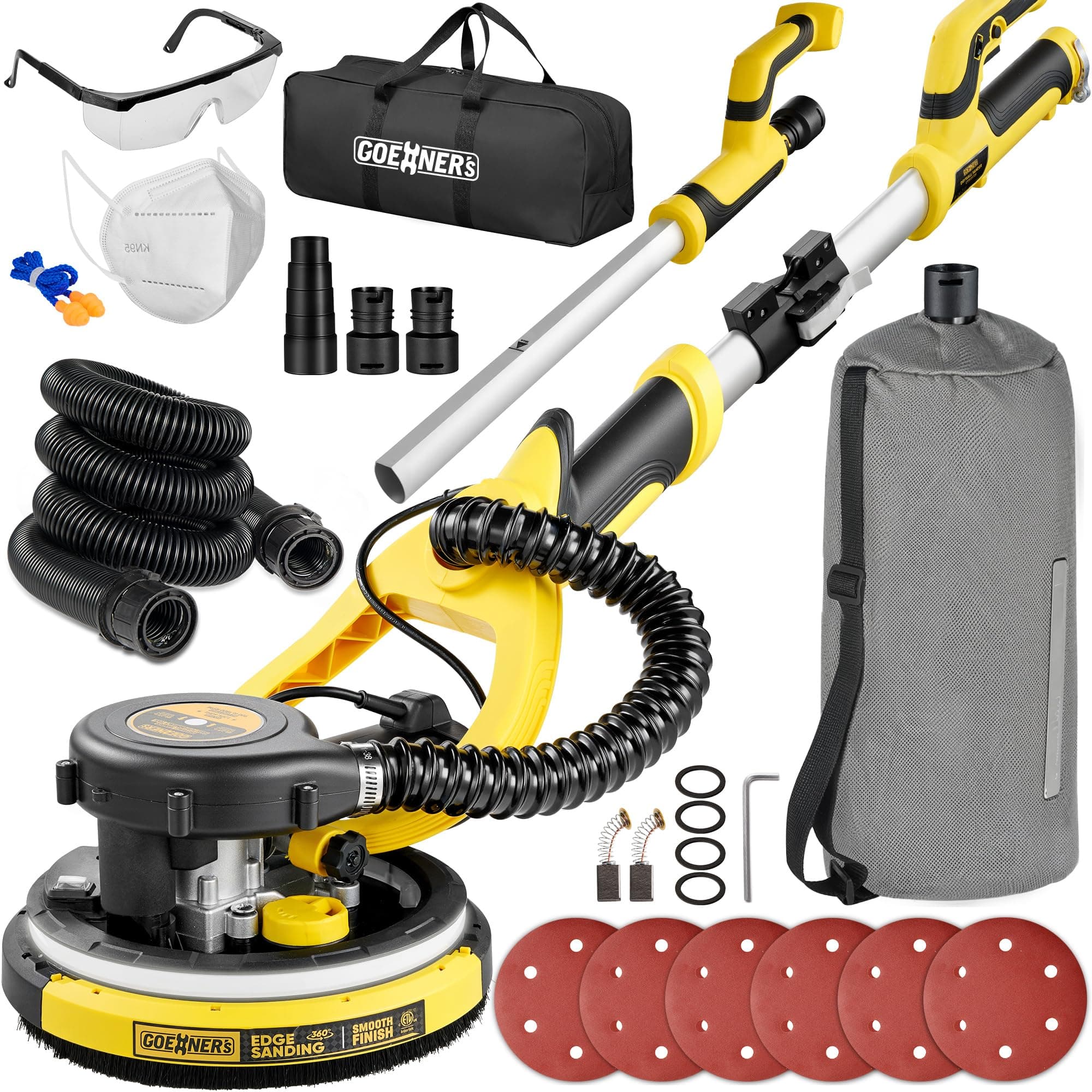 Gioventù Drywall Sander, Electric Drywall Sander with Vacuum, 6 Variable Speed, 900-1800RPM, Labor-Saving Handle and Patented Fixture for Ceiling Sanding, LED Light, ETL Listed