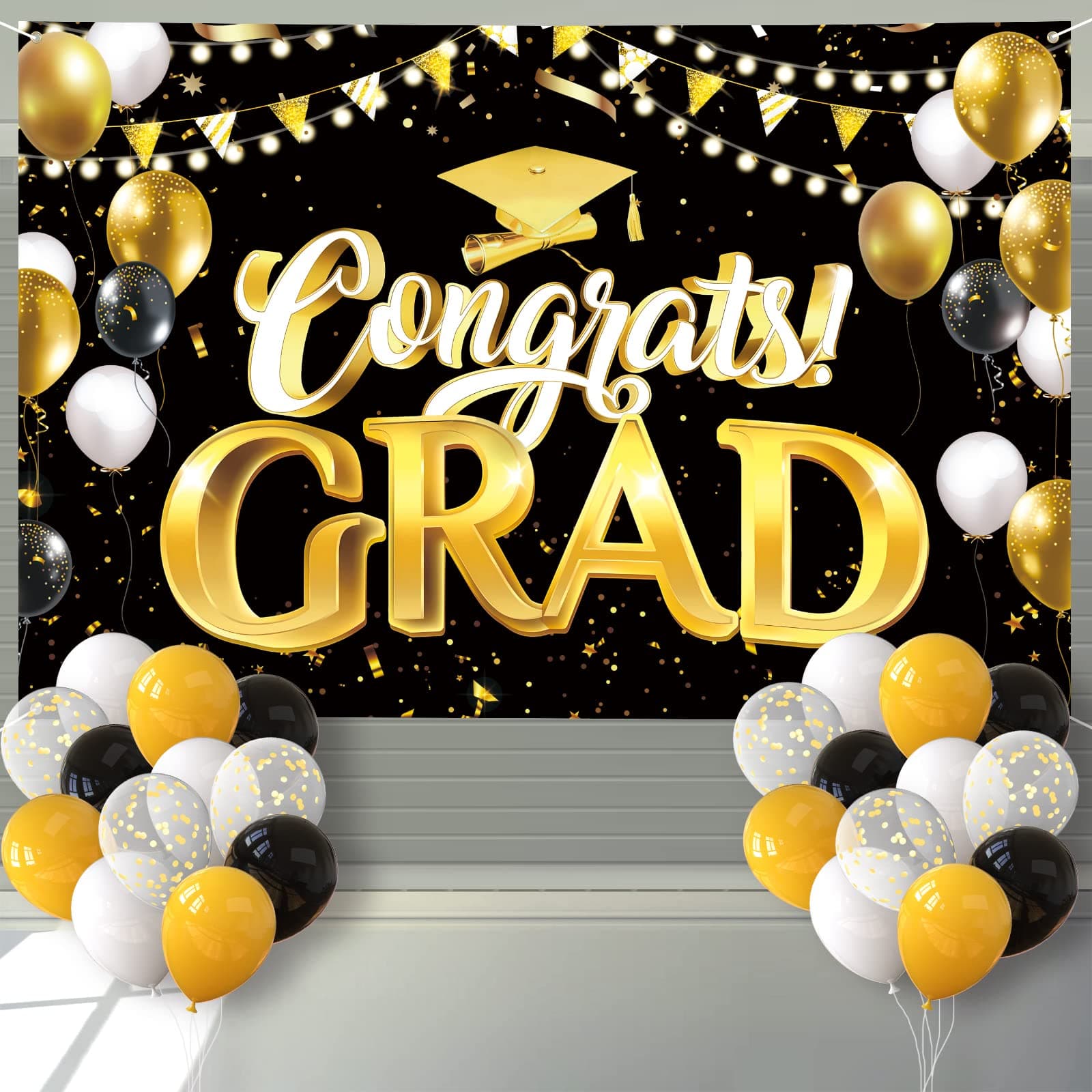 Arosche Extra Large Graduation Banner Decorations 72" x 48" Backdrop with 24Pcs Balloons Congrats Grad 2023 Photography Background for Indoor Outdoor College,Garden,Yard,Party Supplies (Black)