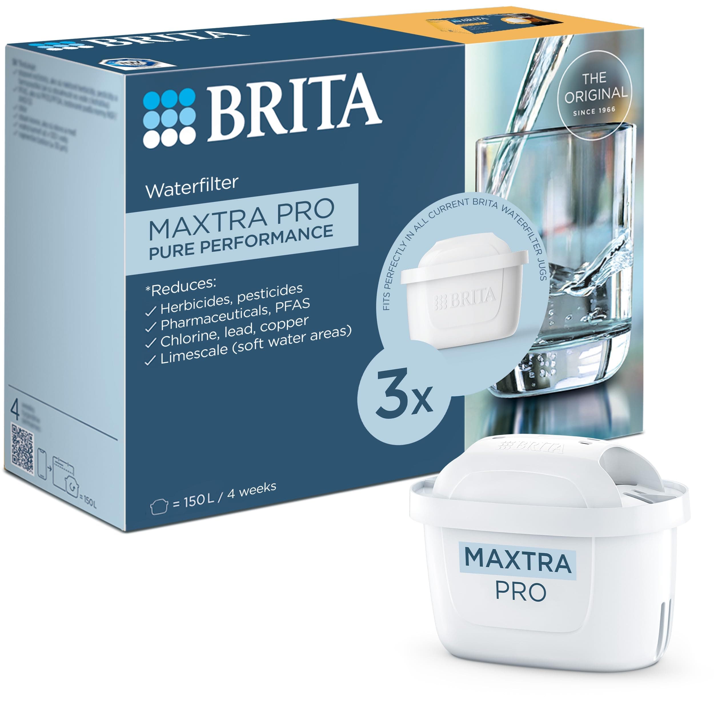MAXTRA PRO Pure Performance Water Filter Cartridge - 3 Pack - Original BRITA Refill reducing impurities, Chlorine, PFAS, pesticides and limescale for tap Water with Better Taste