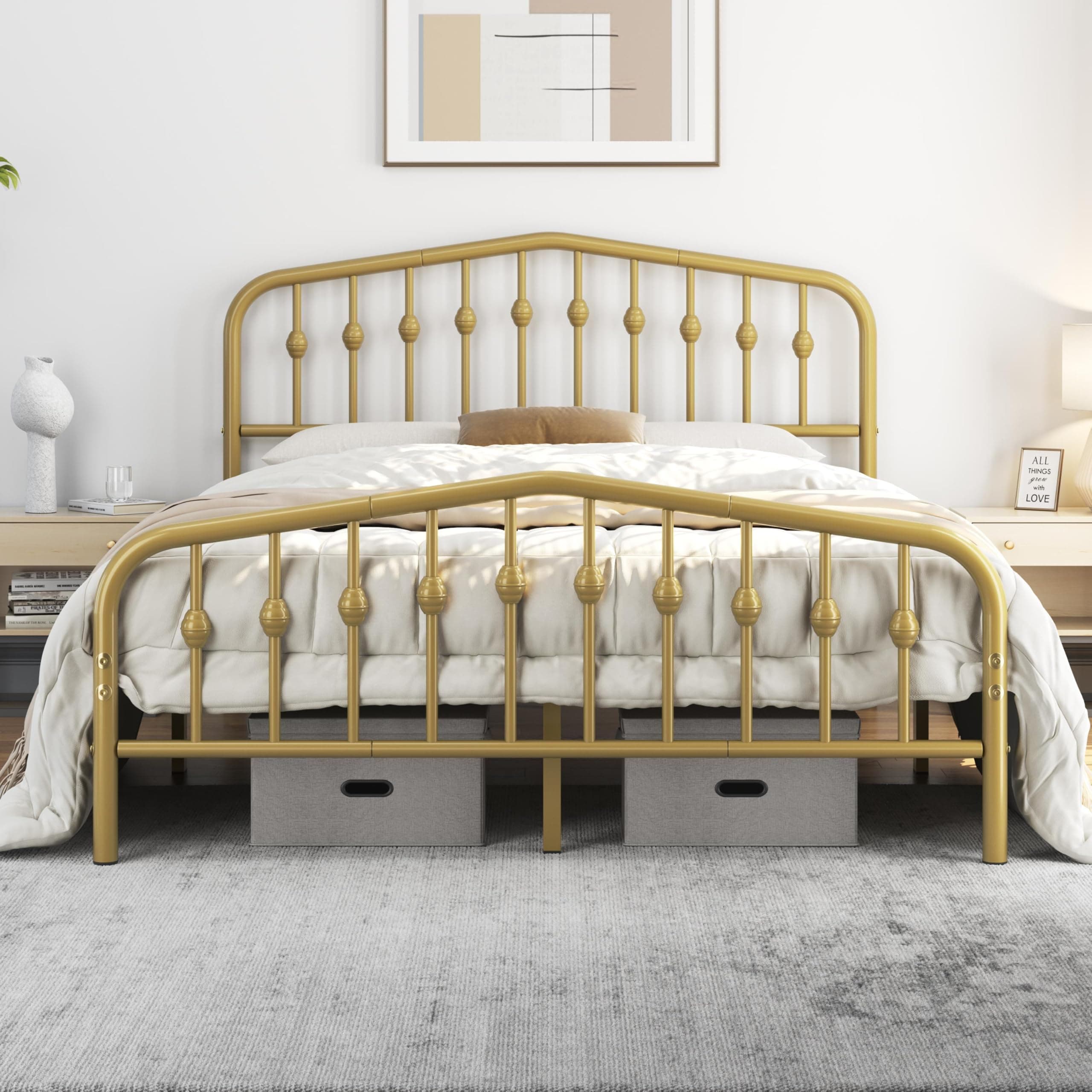 Queen Bed Frames Metal Platform Bed with Victorian Style Headboard/Wrought Iron/Easy Assembly/No Box Spring Needed/Antique Gold Queen Bed