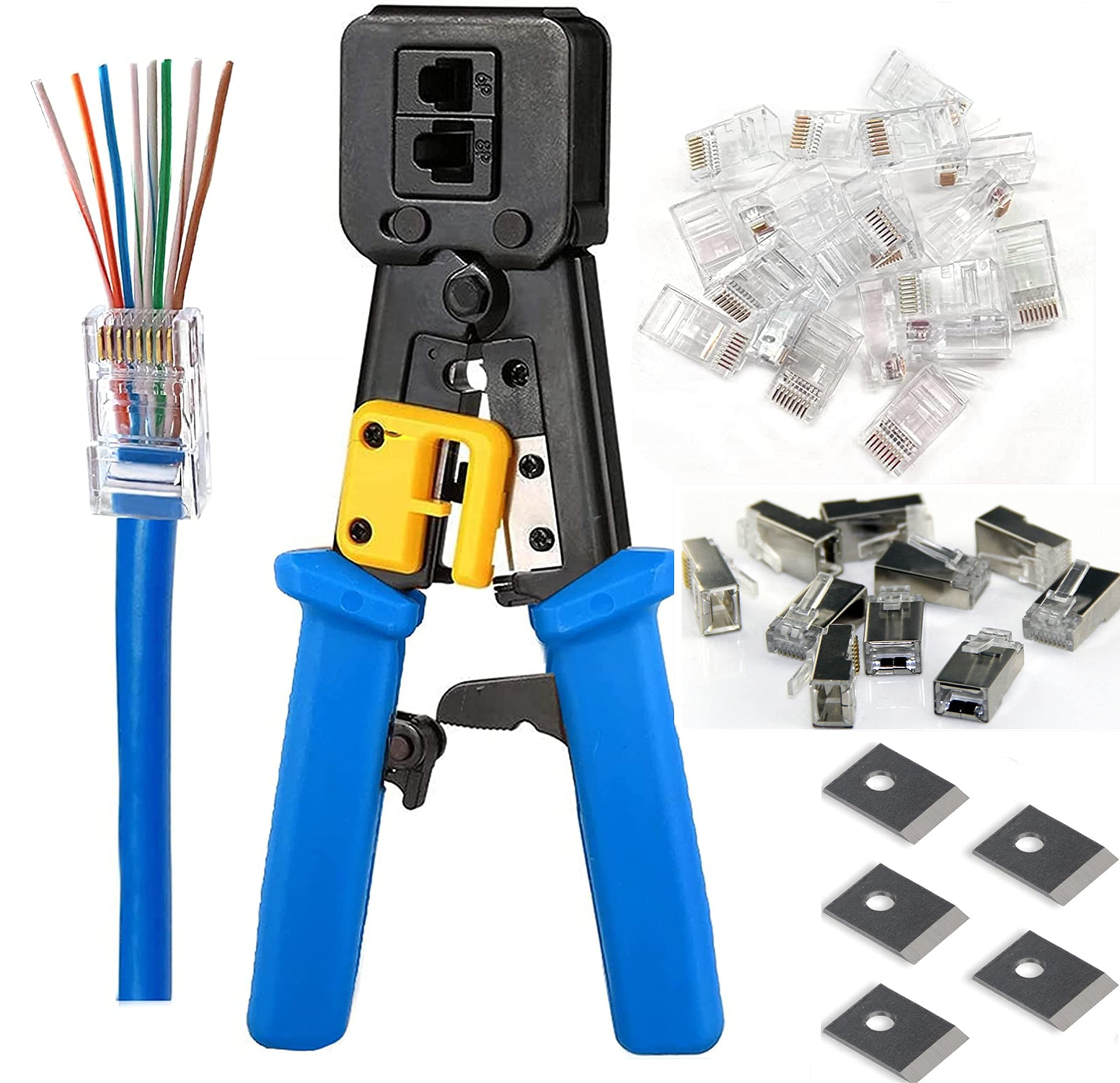 RJ45 Crimp Tool Ethernet Pass Thru Crimper with 5Pack 8Pin Replacement Blades and Cat6 Connectors 20Pcs for Cat5 Cat5e Cat6 RJ45 RJ12 Regular and Pass Through Ends Comes