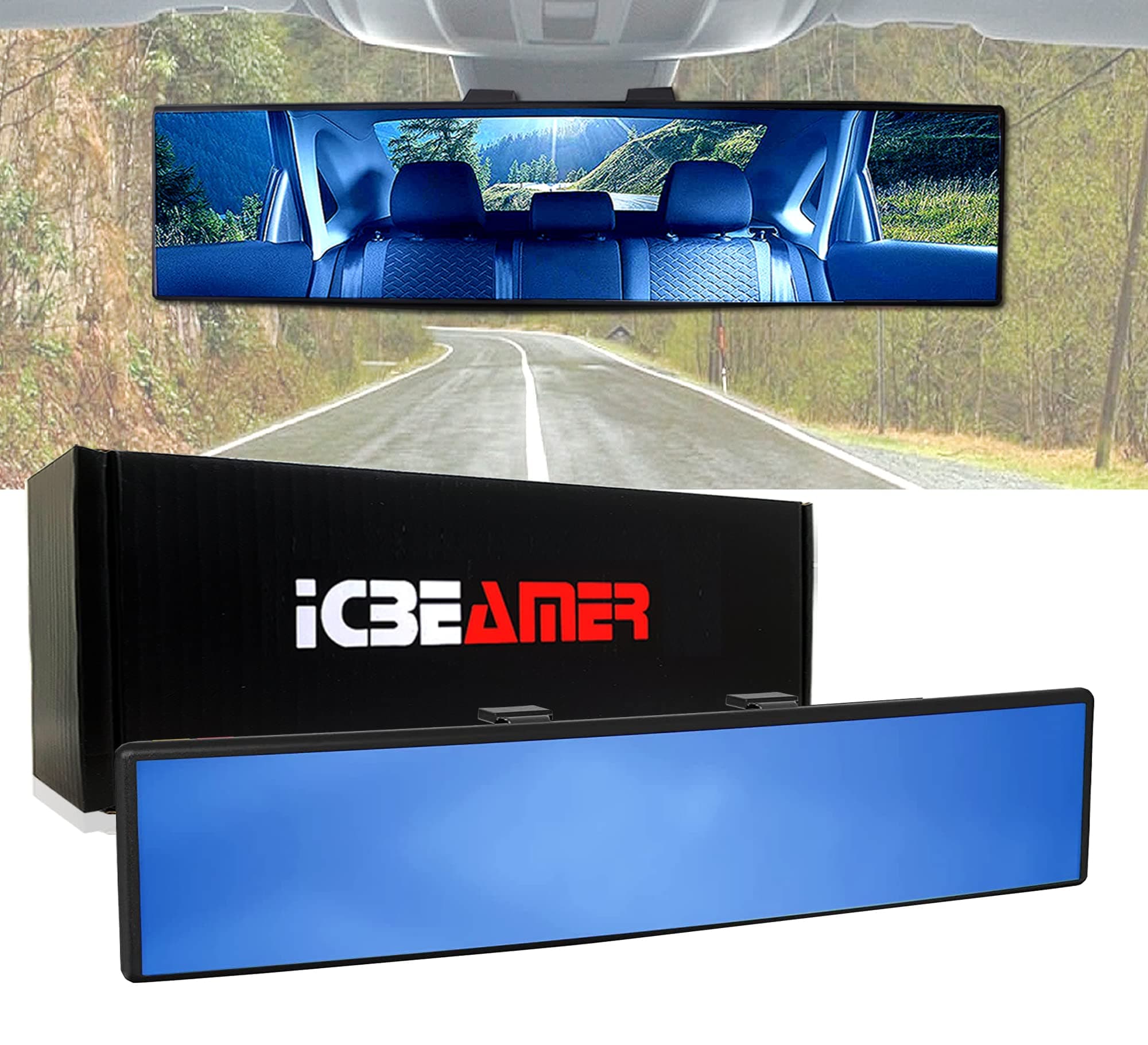 ICBEAMER 9.4" 240mm Easy Clip on Wide Angle Panoramic Blind Spot Fit Auto Interior Rear view Mirror Anti-Glare Blue Tint Convex Surface