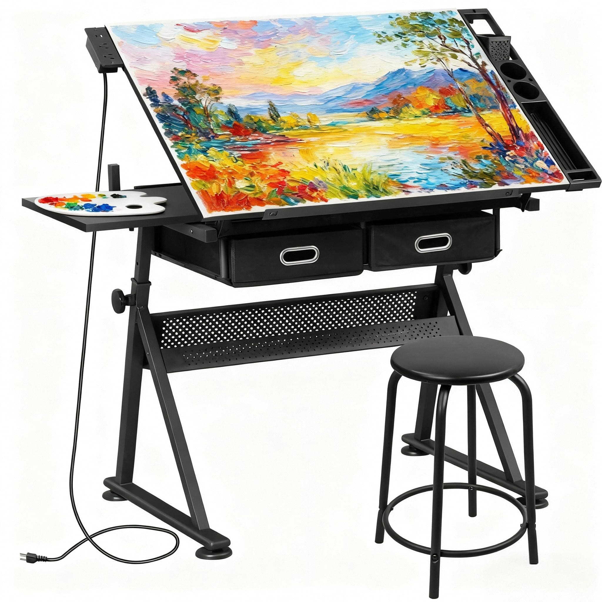 ZENY Adjustable Drafting Table with Stool, Tilting Drawing Desk Artist Table with Storage Drawers, Art Craft Workstation for Home Office Reading, Writing, Crafting (Black-with Outlet)