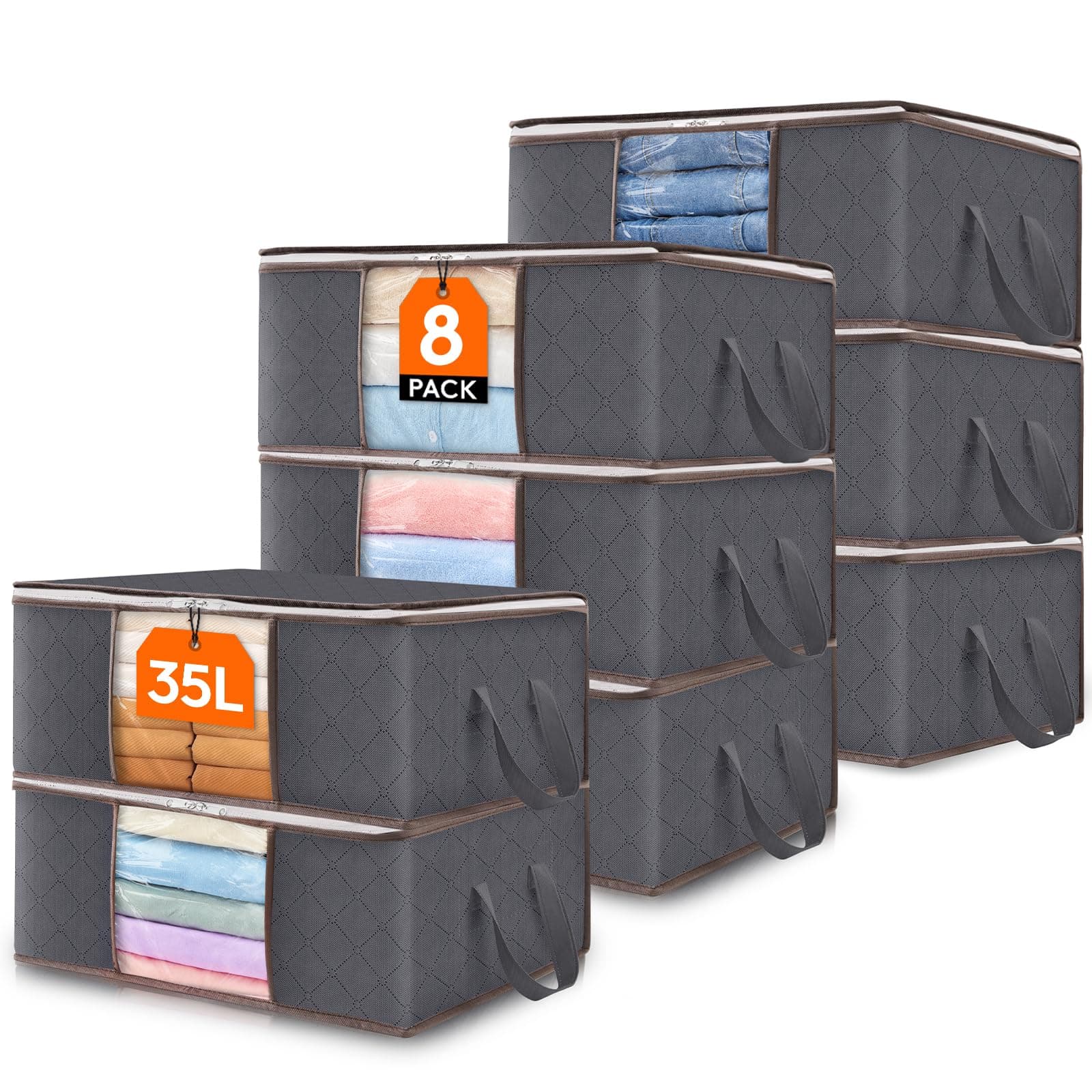 Lifewit 8 Pack 35L Clothes Storage Bins with Lids, Foldable Blanket Storage Bags with Zippers, Clear Window and Reinforced Handles, Closet and Organization for Clothing, Sweater, Comforter, Bedding