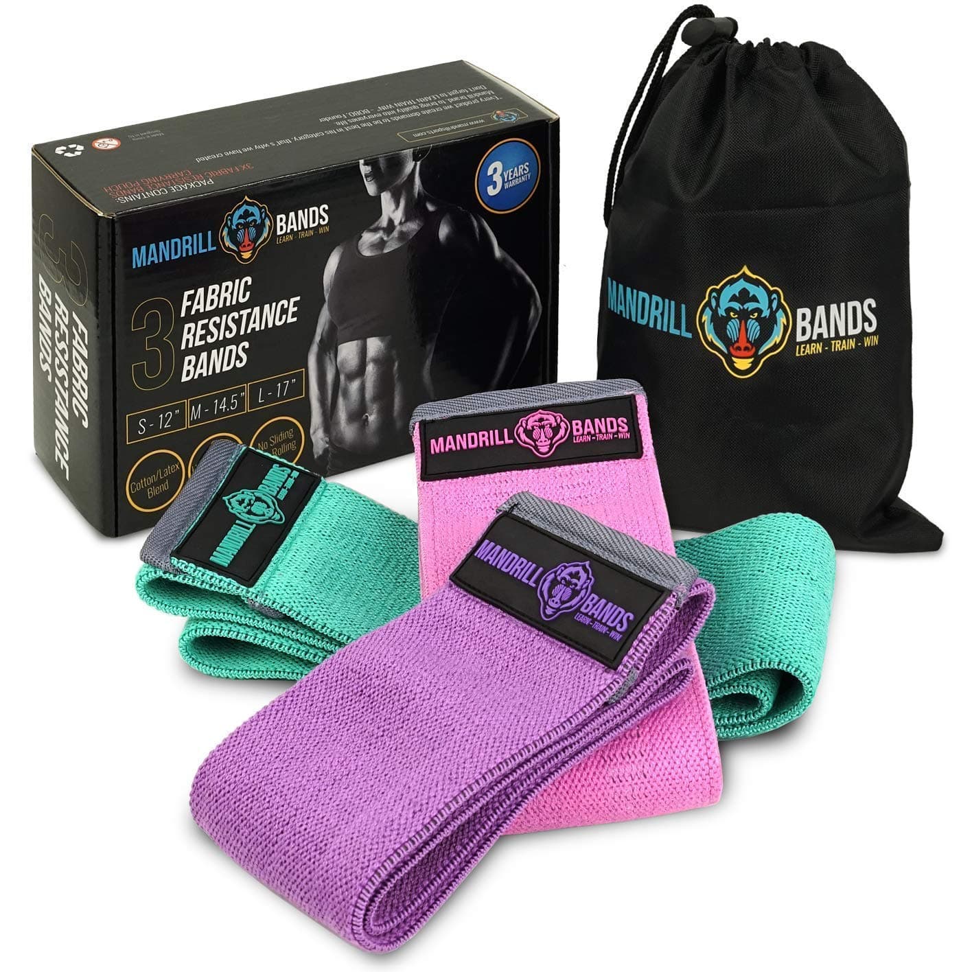 Fabric Booty Bands - Fabric Hip Bands 3 Pack Set. Wide, Non-Slip, Stretch, Fabric Resistance Bands for Legs and Butt. Perfect Glute, Core, Booty Bands. Workout Exercises and Carry Bag Included