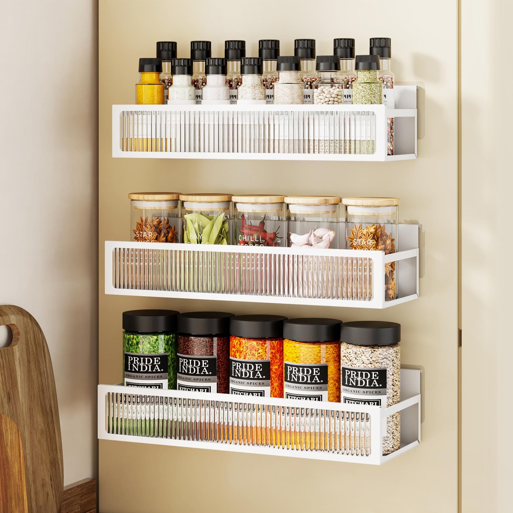1Easylife Spice Rack for Refrigerator Adhesive: 3 Pack Wall Mounted Spice Organizer, Hanging Arcrylic Metal Fridge Spice Rack, Storage and Organization Shelf for Kitchen, White