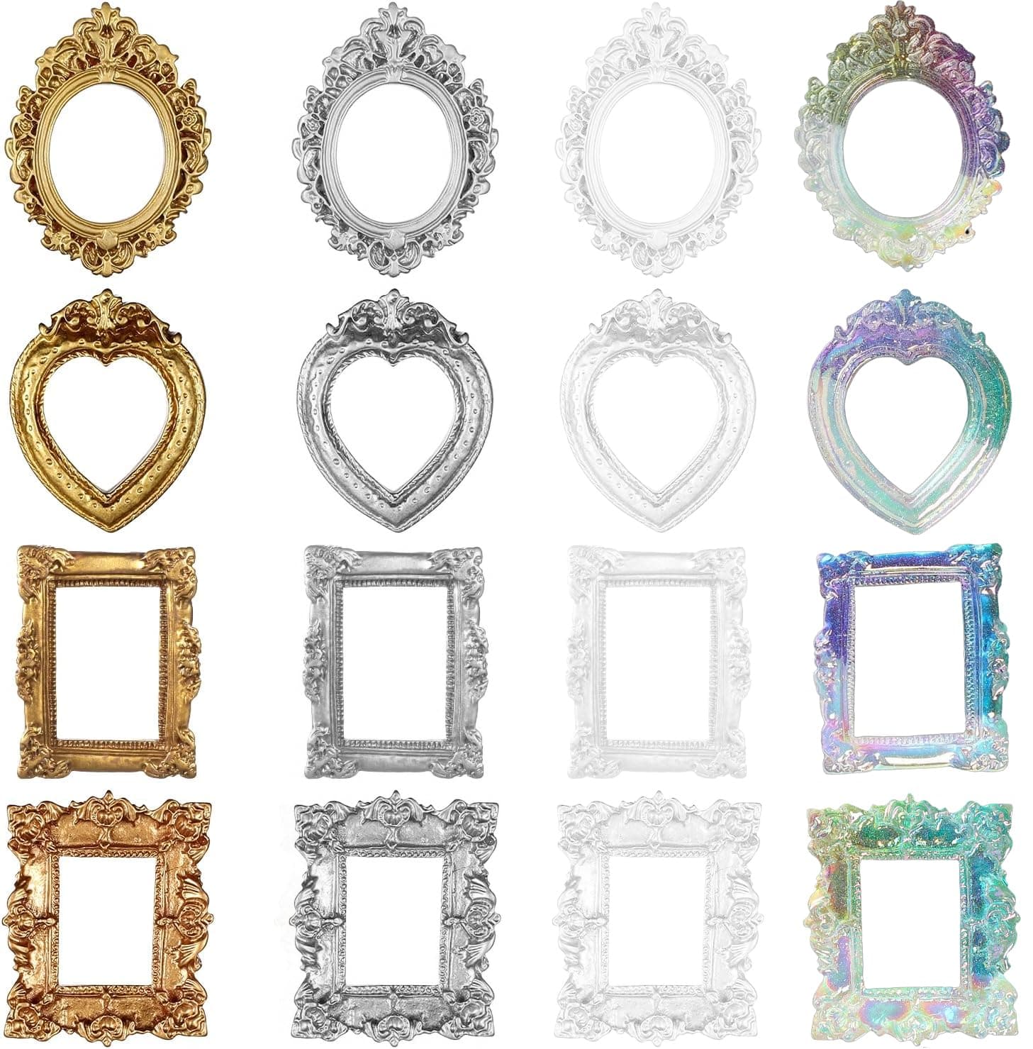 16 PCS Miniature Gold Frames, Miniature Frames for Crafts, Mini Frame for Crafts, Home Decor and DIY Projects, Set with Oval Square Heart Shapes in Gold Silver White Finishes
