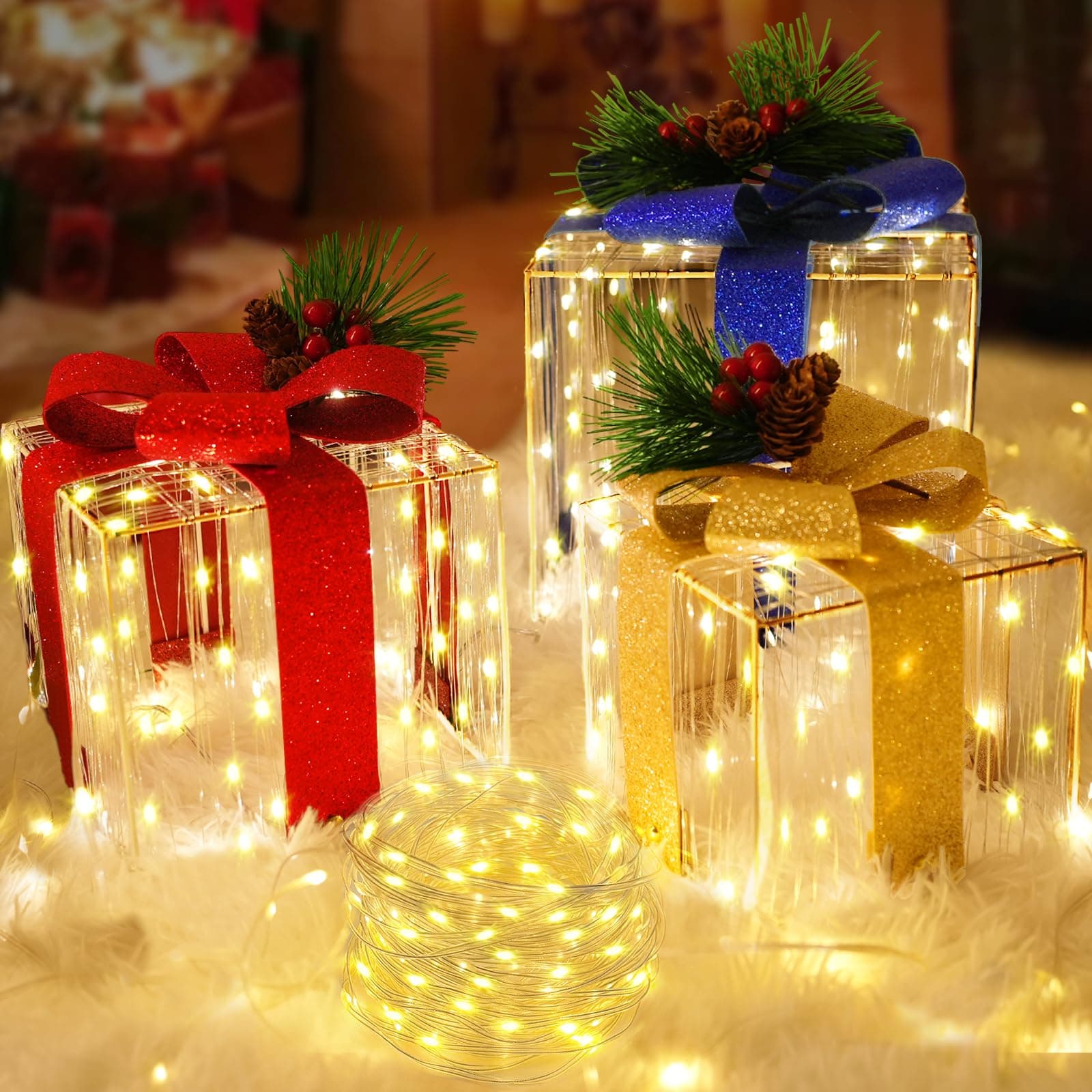 Sparkling Christmas Lighted Gift Boxes W/ 270 LEDs, 33Ft String Lights Light up Christmas Decoration Indoor Outdoor, Holiday Decor Present Boxes Xmas Ornament for Tree Skirt Yard Porch Home, Set of 3