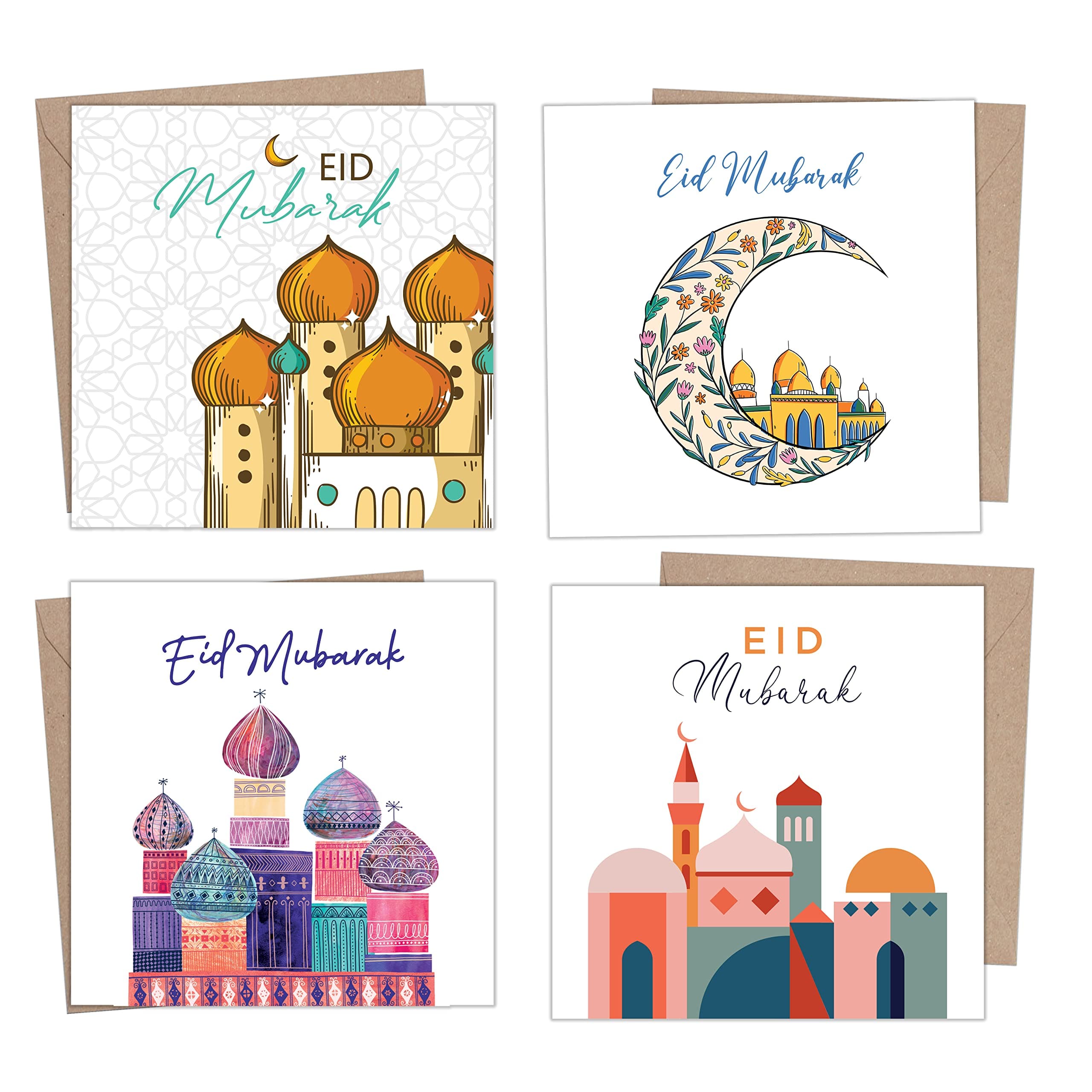 Eid Cards Pack of 4/12 with envelopes - Eid Mubarak Cards multipack greetings cards - Eco Friendly card for kids and Family - Made in the UK