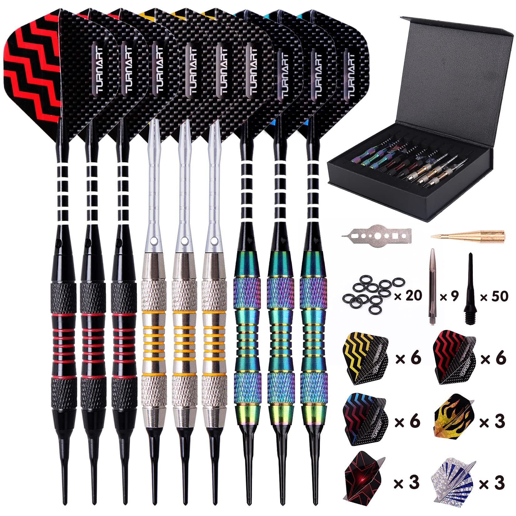Darts Plastic Tip - Professional Soft Tip Darts Set for Electronic Dartboard 9 Pcs 18 Grams with 50 Extra Tips 9 Shafts 27 Flights Tool Kit Flight Protectors and Gift Darts Case