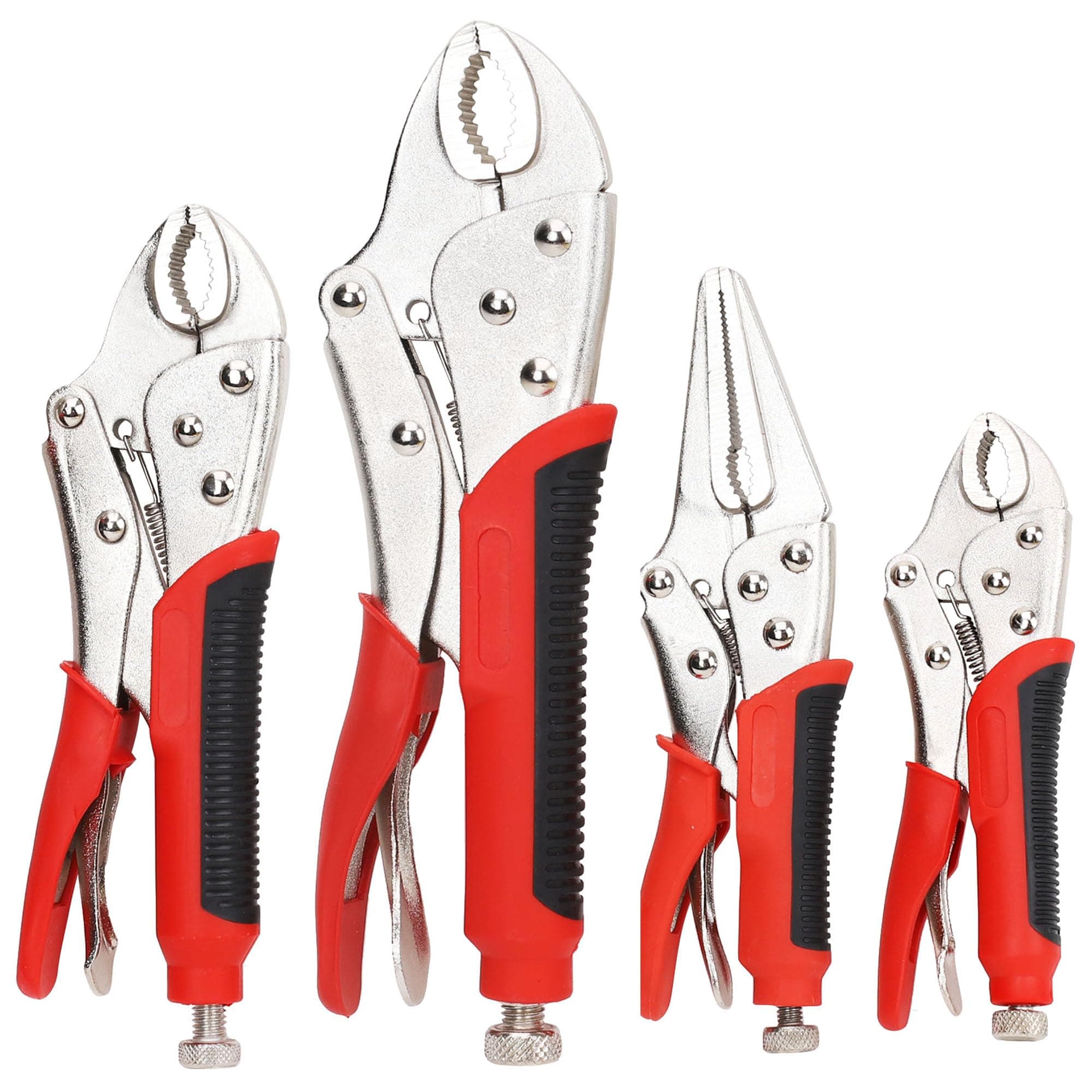 FASTPRO 4-Piece Locking Pliers Set with Heavy Duty Grip, 5", 7" and 10" Curved Jaw, 6-1/2" Long Nose Locking Pliers Included, Vise Grip Wrench Set