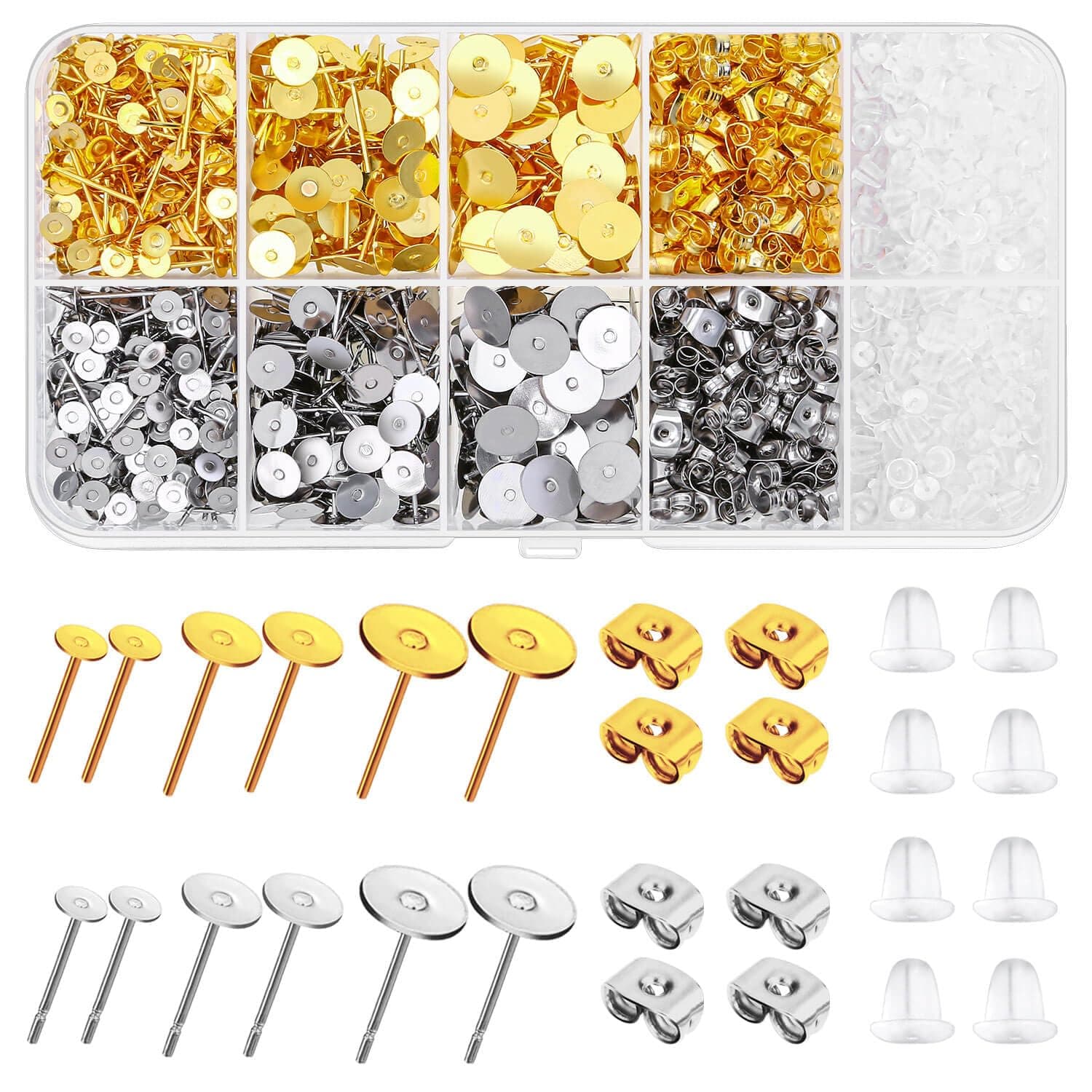 Hypoallergenic Earring Posts and Backs, Caffox 2000pcs Stud Earrings Making Kit with Ear Ring Base and Earring Backs for Leather Stud, Clay, Pearl Jewelry Making (Gold & Silver)