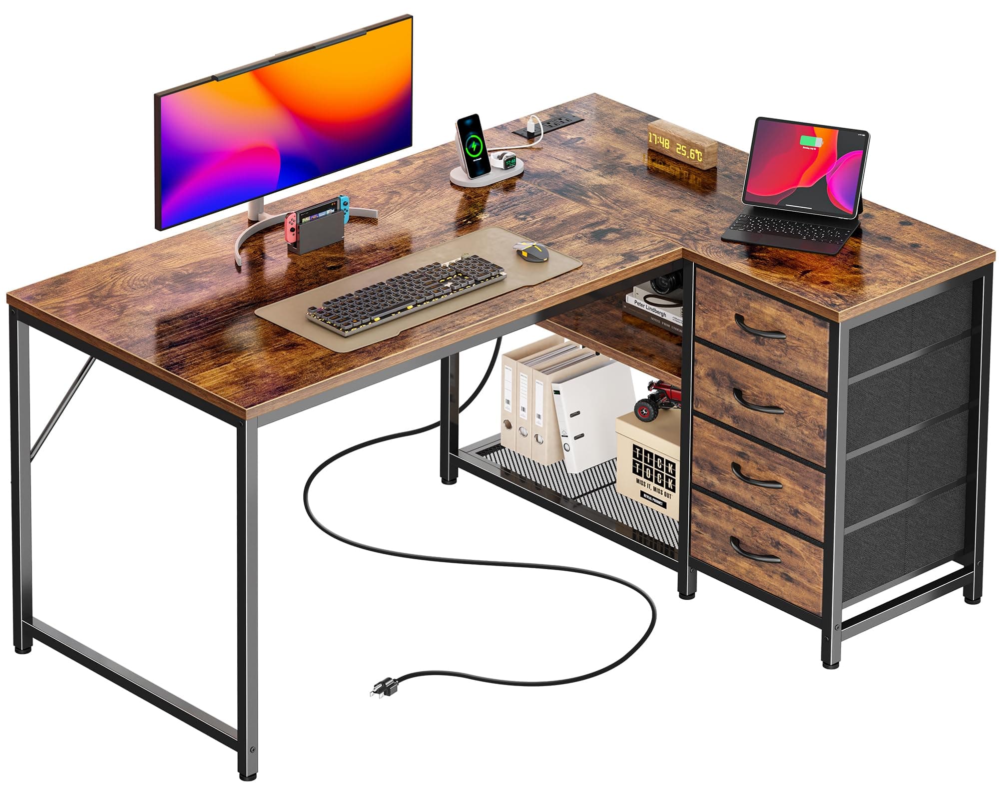 PRAISUN 43.3" Small Computer Desk with Power Outlets and USB-C Port, Reversible L Shaped Corner Office Desk with 4 Fabric Drawers and 2 Height-Adjustable Shelves, for Gaming Writing, Rustic Brown