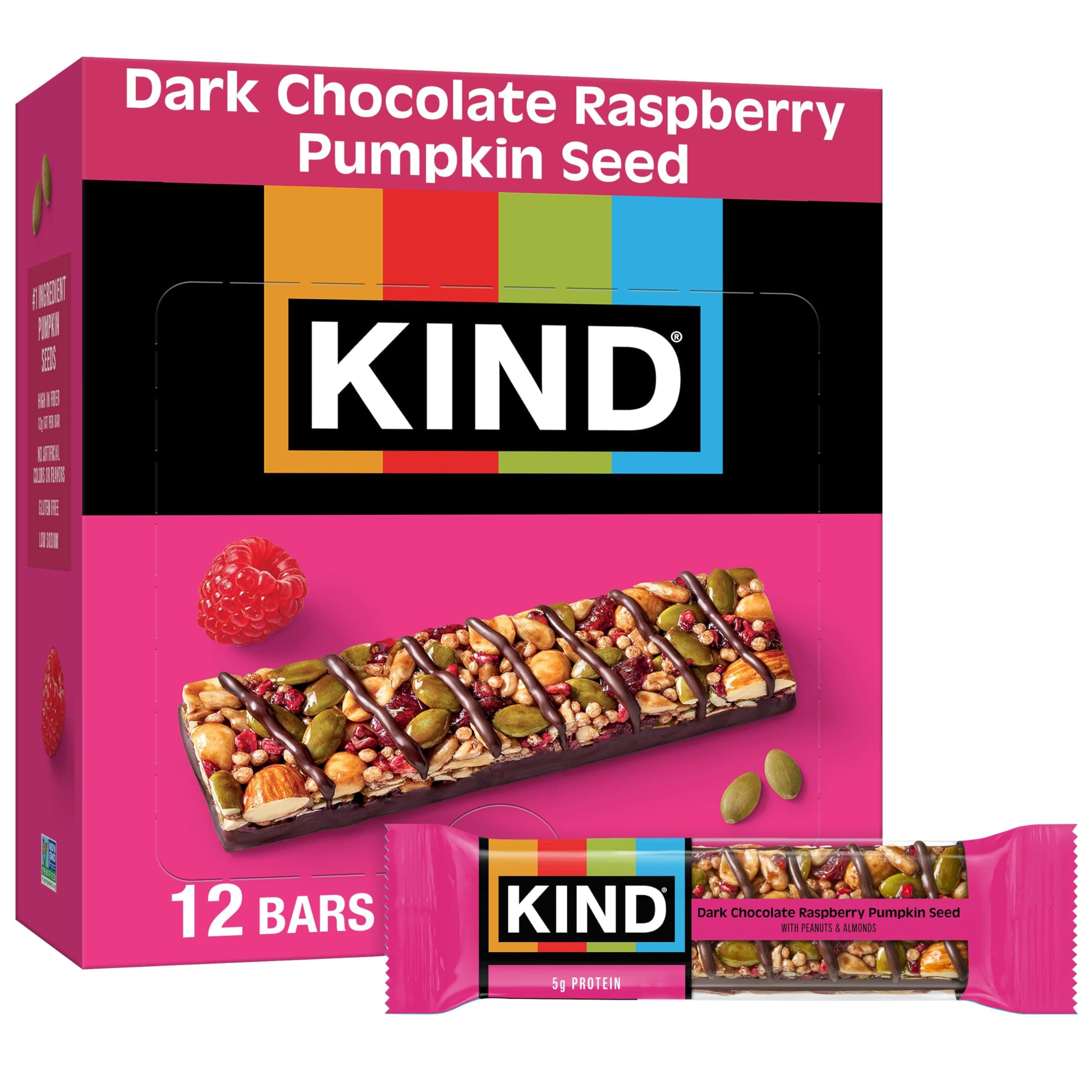 KIND Healthy Snacks Bars, Dark Chocolate Raspberry Pumpkin Seed, Gluten Free, High Fiber Snacks, 5g Protein, 12 Count