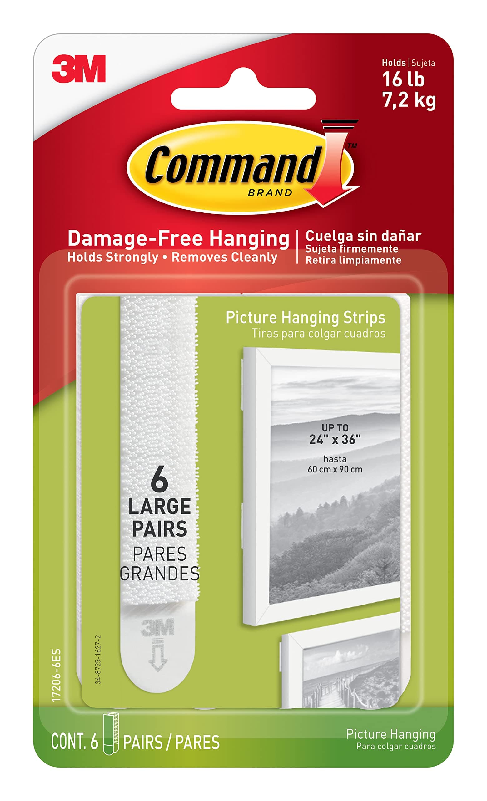 Command Picture & Frame Hanging Strips Heavy Duty, Large, White, Holds 16 lbs, 4-Packs, 6-Pairs/Pack (24 Pairs Total)