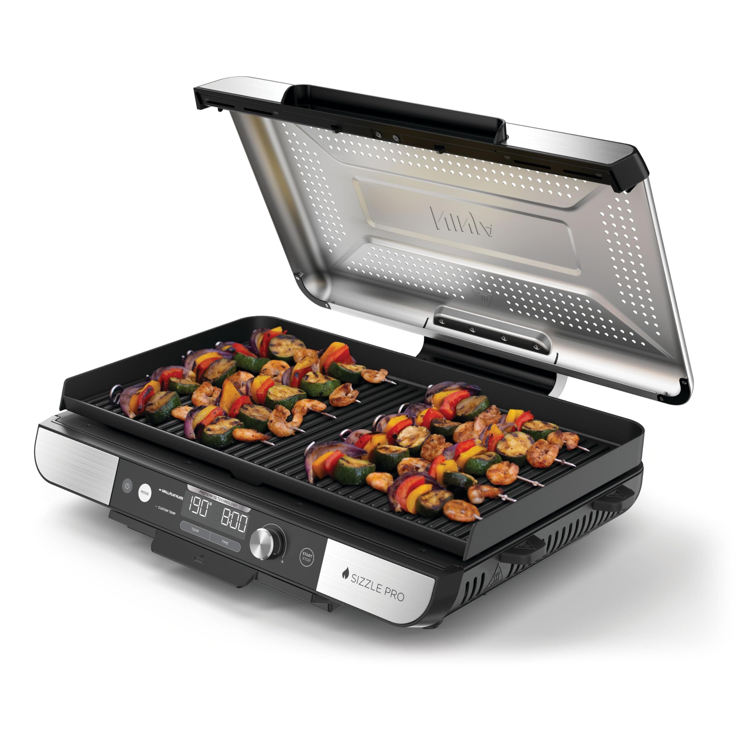 Ninja Sizzle Pro XL Indoor Grill & Flat Plate, Includes Non-Stick Ceramic Coated Grill Plate & Flat Top Plate, Detachable Lid, Grease Catch & Recipe Guide, Silver/Black GX101UK
