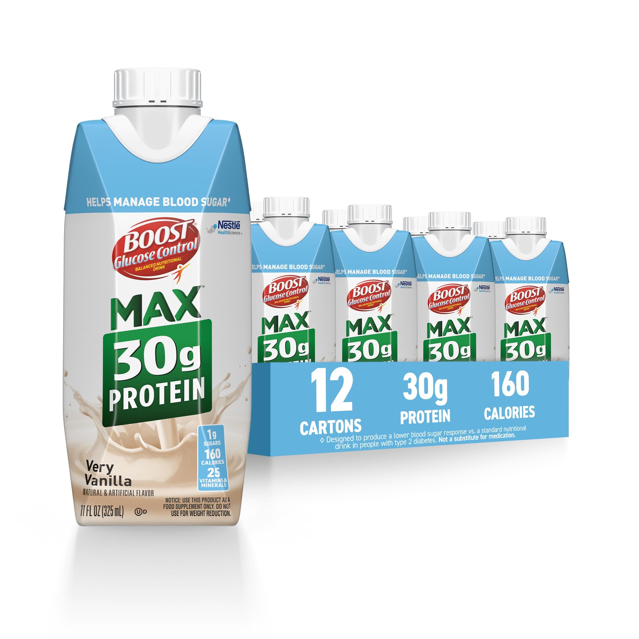 BOOST Glucose Control Max 30g Protein Nutritional Drink, Very Vanilla, 11 Fl Oz (Pack of 12)