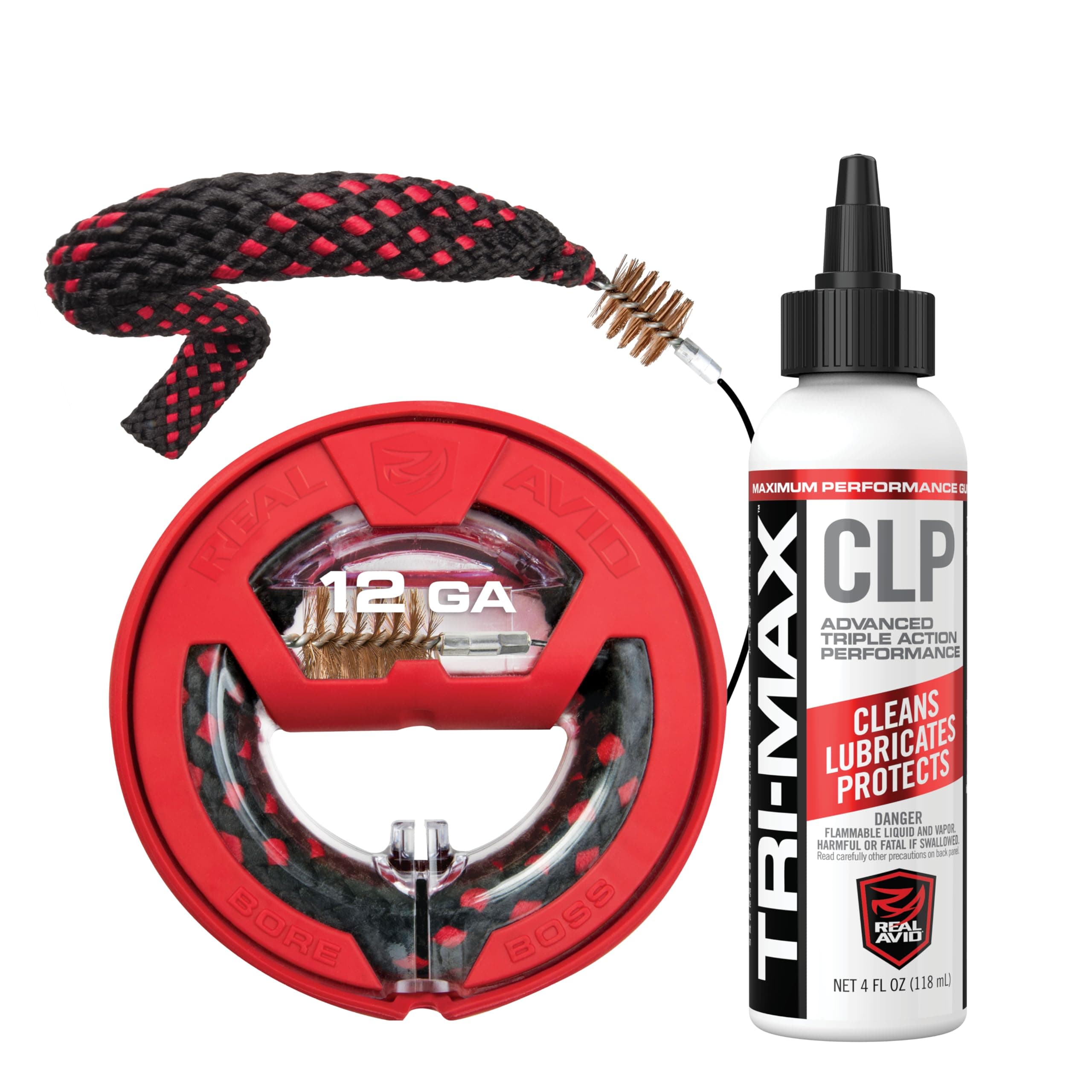 Real Avid Bore Boss Combo Kits with 4oz CLP - One-Pass Cable Bore Cleaner with Integrated Brush & Mop + CLP - Rifle Shotgun & Handgun Calibers (.30, 9mm/.357/.38, .44/.45, .243, .22, 12 & 20 GA)