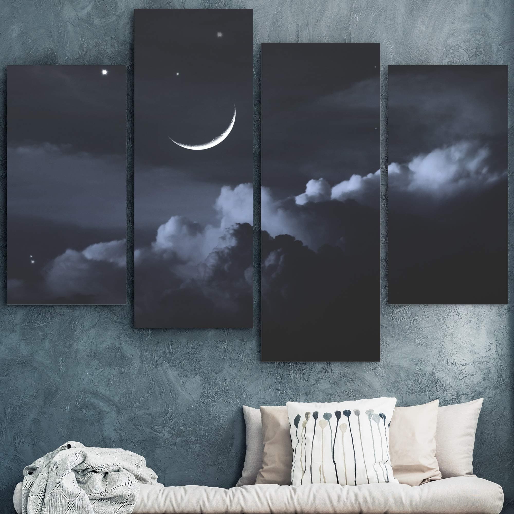 H5print4 Panel Canvas Wall Art Night Sky with Moon Prints Decoration for Home Office - 48 inches x35.75 inches
