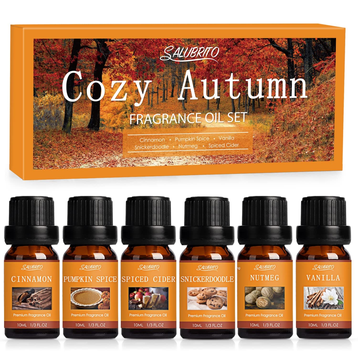 SALUBRITO Autumn Essential Oils Set, Premium Fragrance Oils for Diffuser, Home, Candle, Soap Making, Aromatherapy Oil Gife Set, Cinnamon, Pumpkin Spice, Spiced Cider, Snickerdoodle, Vanilla, Nutmeg