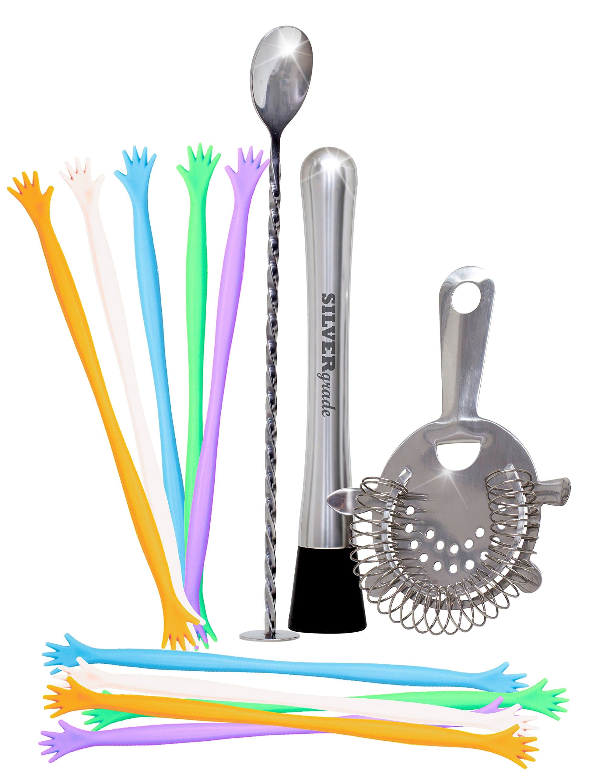 Bar Accessories Set By SILVERgrade, Professional Cocktail Muddler, Mixing Spoon, Strainer, 10 Drink Stirrers, Premium Bar Tools, Stainless Steel 304 18/8