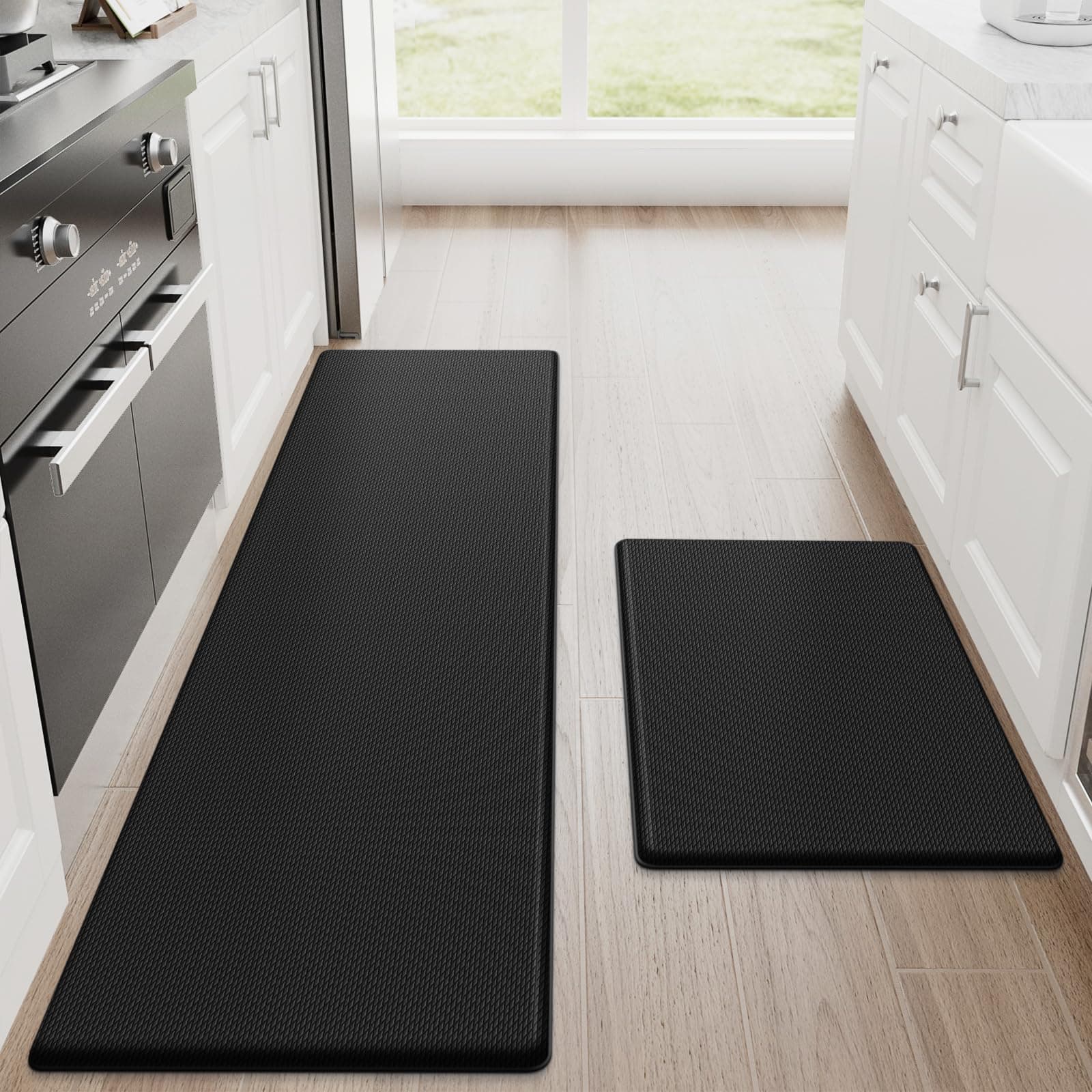 StepRite Kitchen Mats, 2PCS Kitchen Rugs, Cushioned Anti Fatigue Kitchen Mats for Floor, Non-Slip Standing Desk Mat, Waterproof Kitchen Rug Set for Kitchen, Floor, Office, 17.3"x30"+17.3"x59", Black