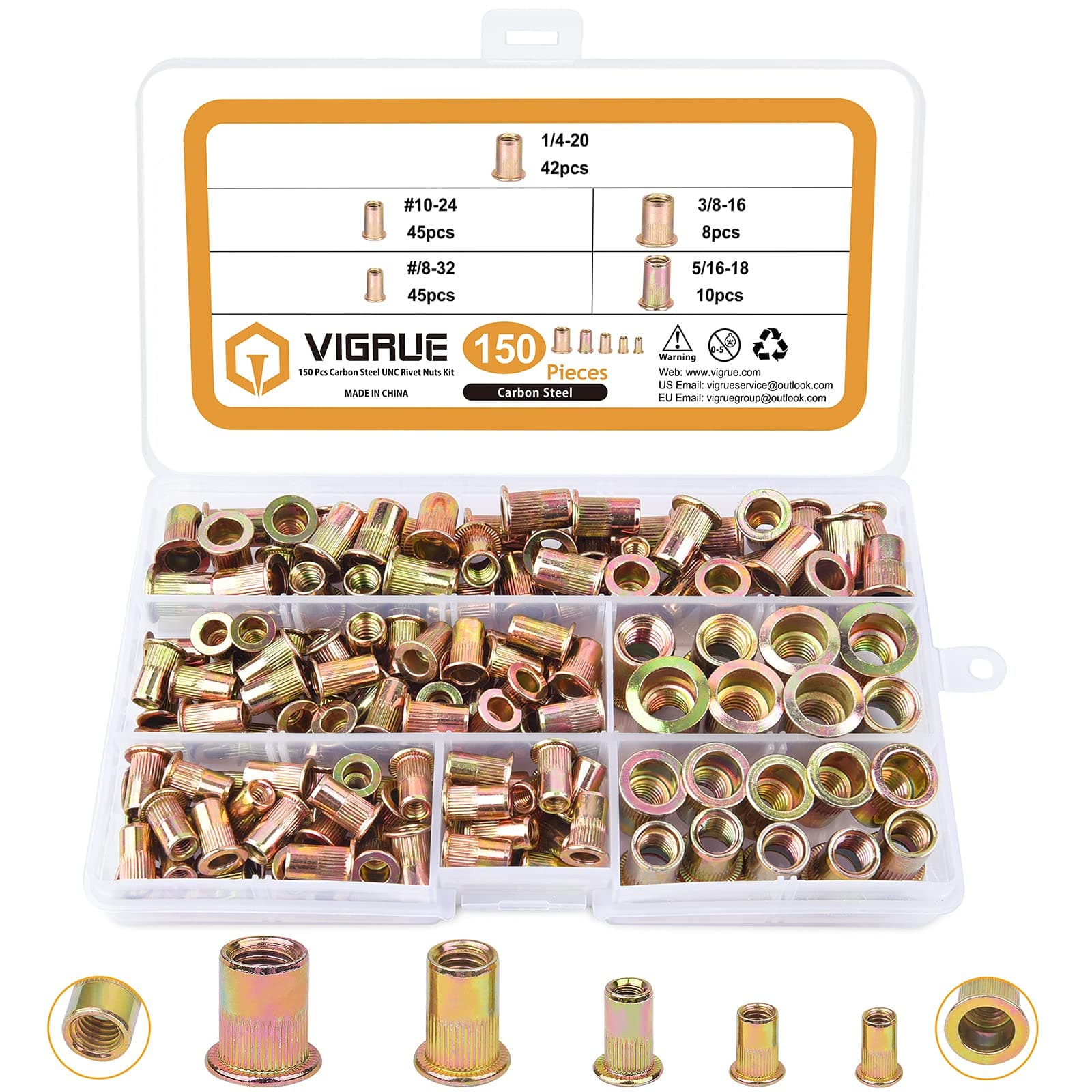 VIGRUE 150pcs #8-32#10-24 1/4"-20 5/16"-18 3/8"-16 Carbon Steel UNC Rivet Nuts Assortment Kit, Yellow Zinc Plated Finish, Flat Head Threaded Insert Nut Assort