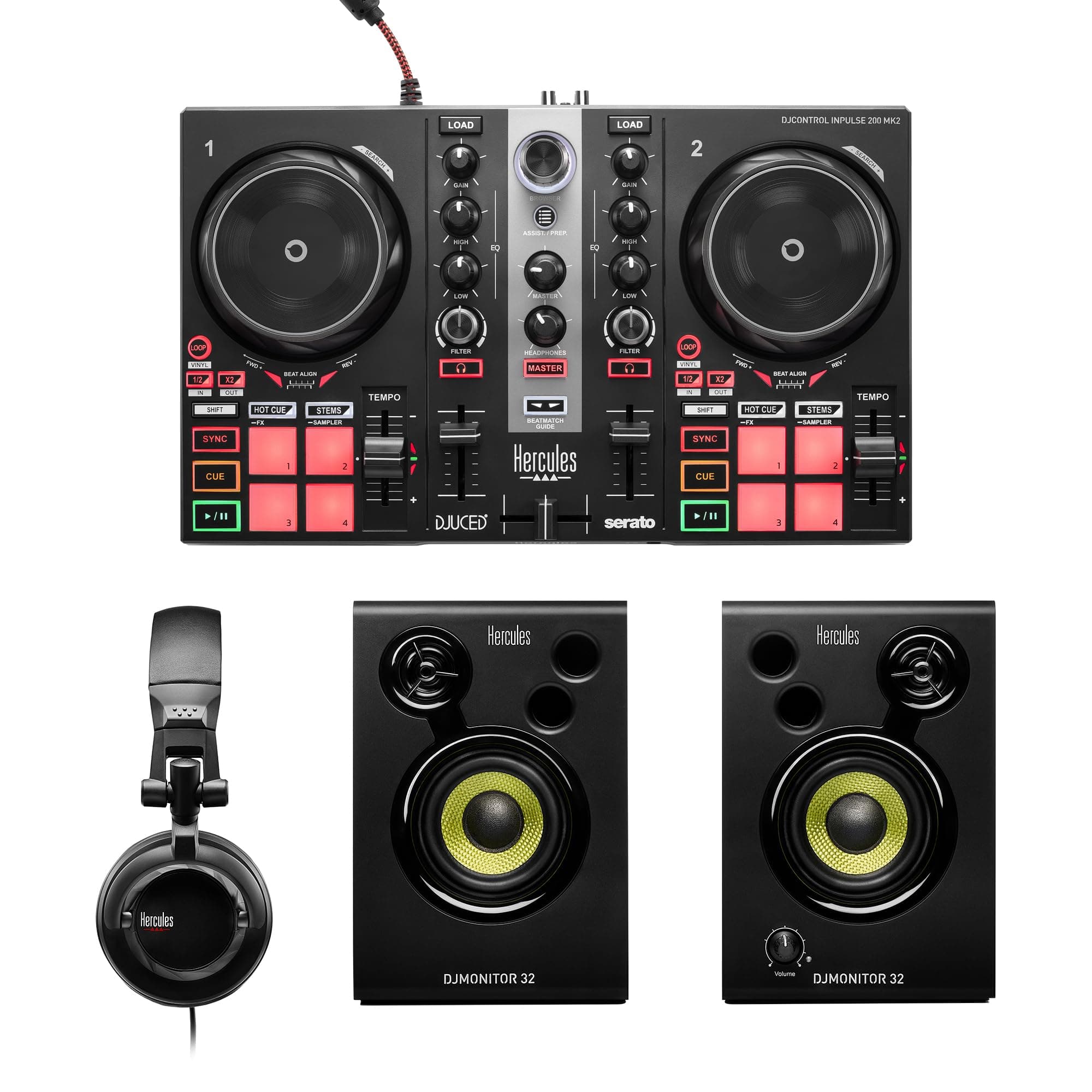 Hercules DJLearning Kit MK2 – Complete DJ Bundle with DJControl Inpulse 200 MK2, DJMonitor 32 Studio Monitors, and HDP DJ45 Headphones