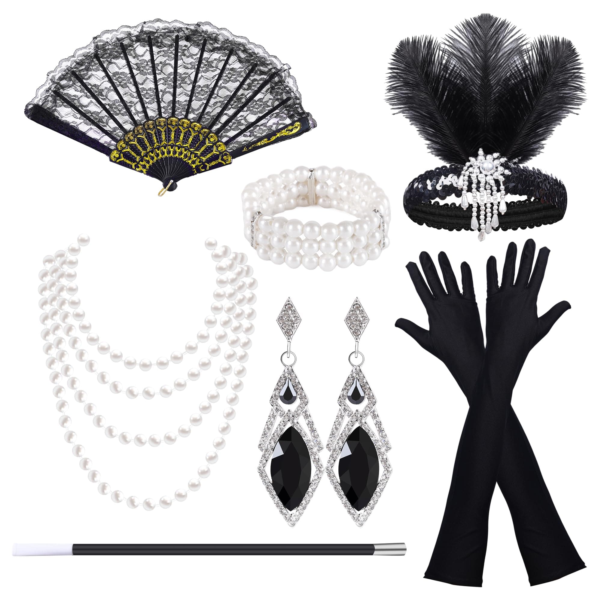 Pecehom 1920s Flapper Great Gatsby Accessories Set Roaring 20's Theme Set for Women, Retro Carnival Festival Halloween Christmas,with Headband Gloves Necklace Earrings Lace Folding Fan