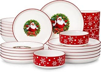 Plates and Bowls Sets, 24 Pieces Christmas Porcelain Dinnerware Set for 6, Ceramic Dishware Dishes White Kitchen Dinner Dining Ware Set, Microwave and Dishwasher Safe, Series LUNA-Santa Claus