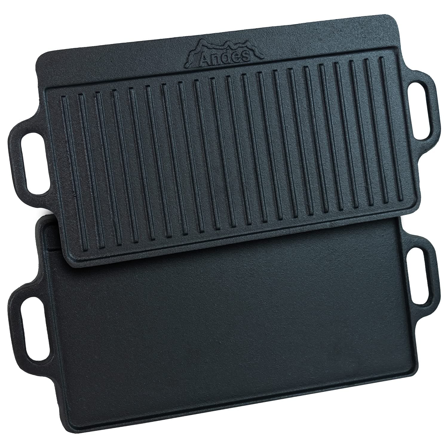 Double Sided Cast Iron Griddle Plate with Handles, Ribbed Grill Pan/BBQ Skillet for Camping, 50 x 23cm