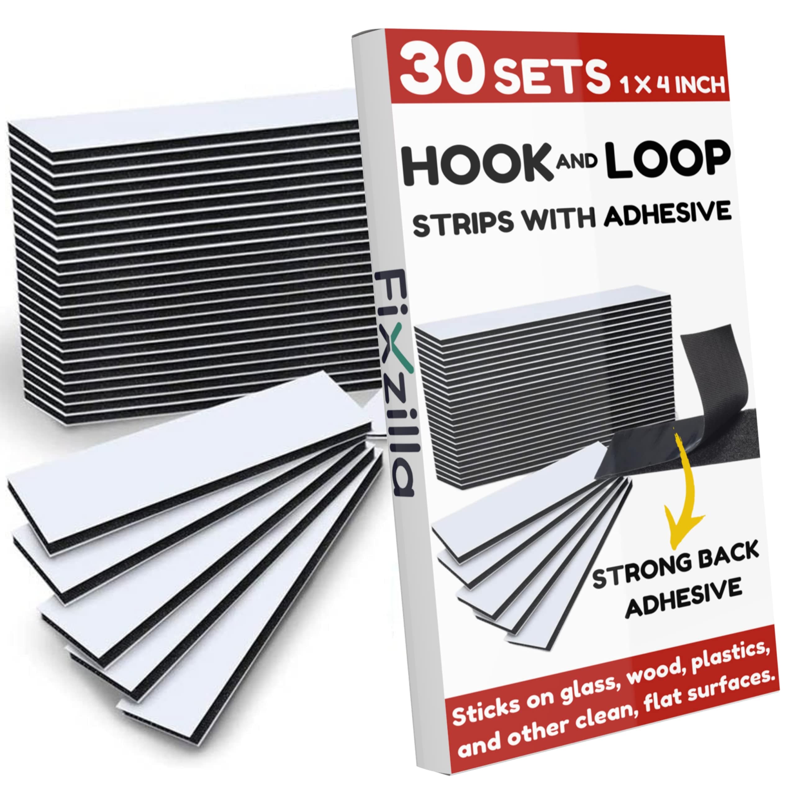 30 Sets Hook and Loop Strips with Adhesive - 1x4 Inch - Strong Back Adhesive Fasteners Tape, Black