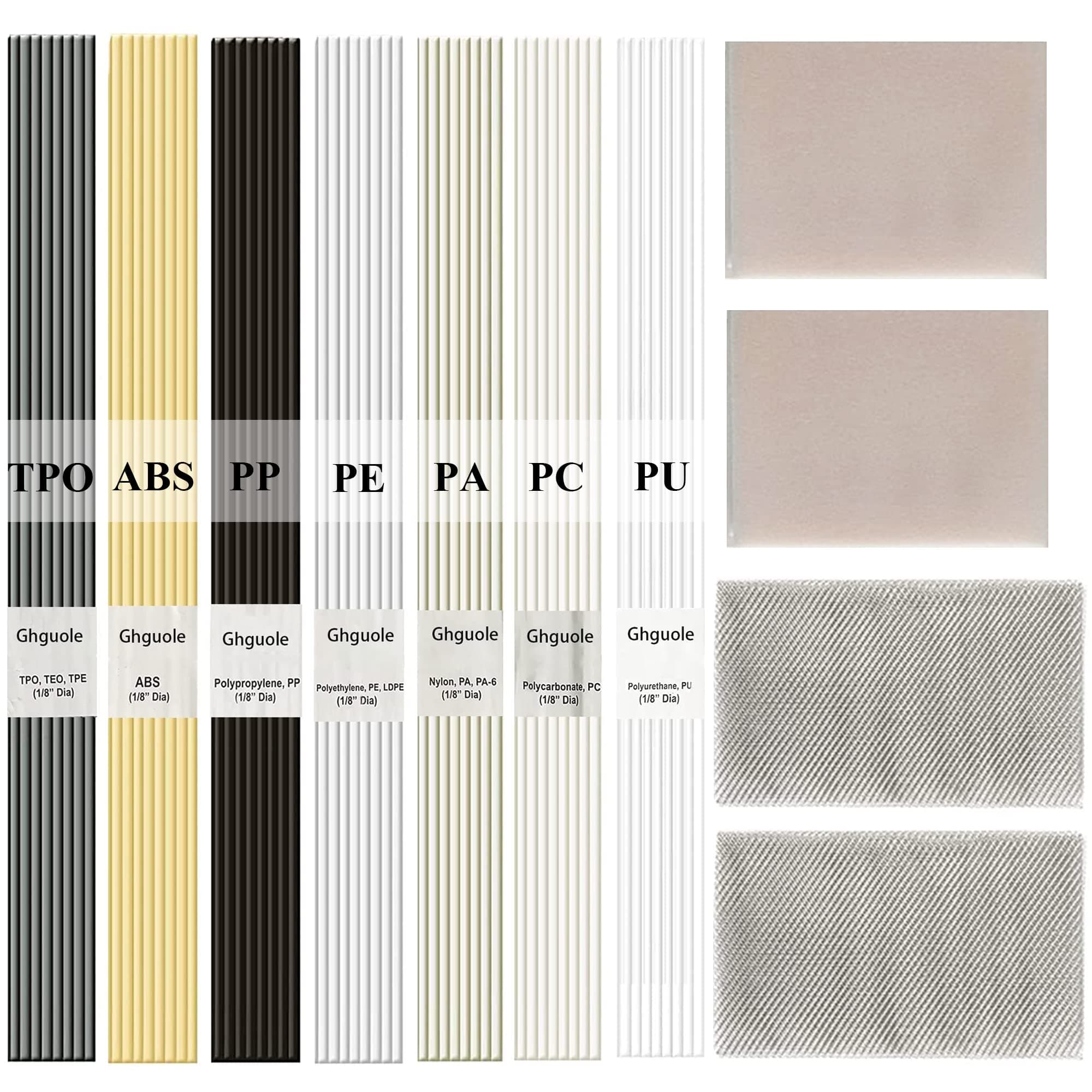 56Pcs Plastic Welding Rods,13 in 7Types(PP ABS PU PE TPO PA PC)of Welder Rods Strips Welding Sticks with Stainless Steel Mesh and Sandpaper for Plastic Welding Kit/Hot Air Gun and Daily Plastic Repair