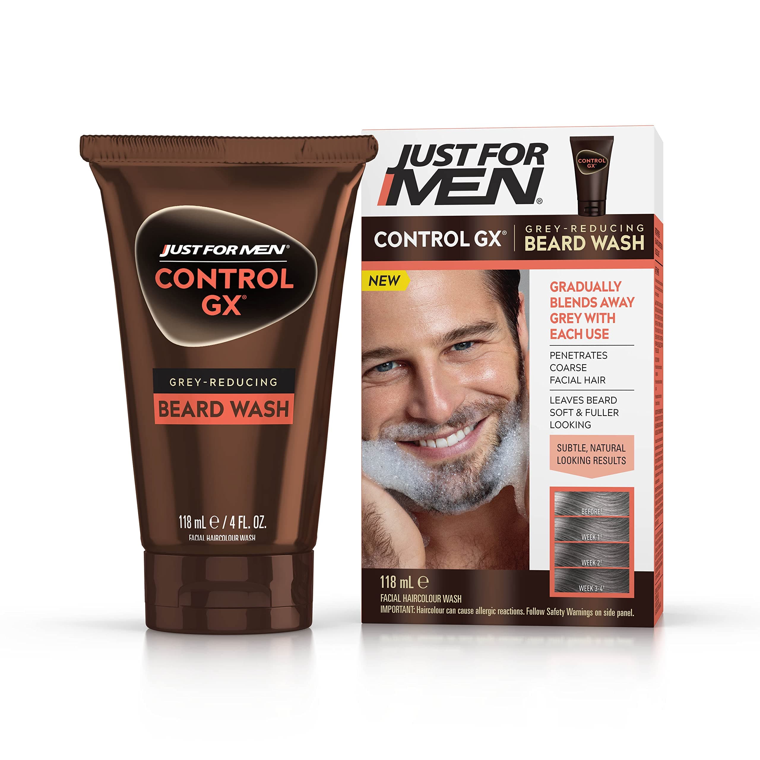 Just For Men Control GX Beard Wash, Reduces Grey With Each Wash For Subtle, Natural-Looking Results – All Shades, 118 ml